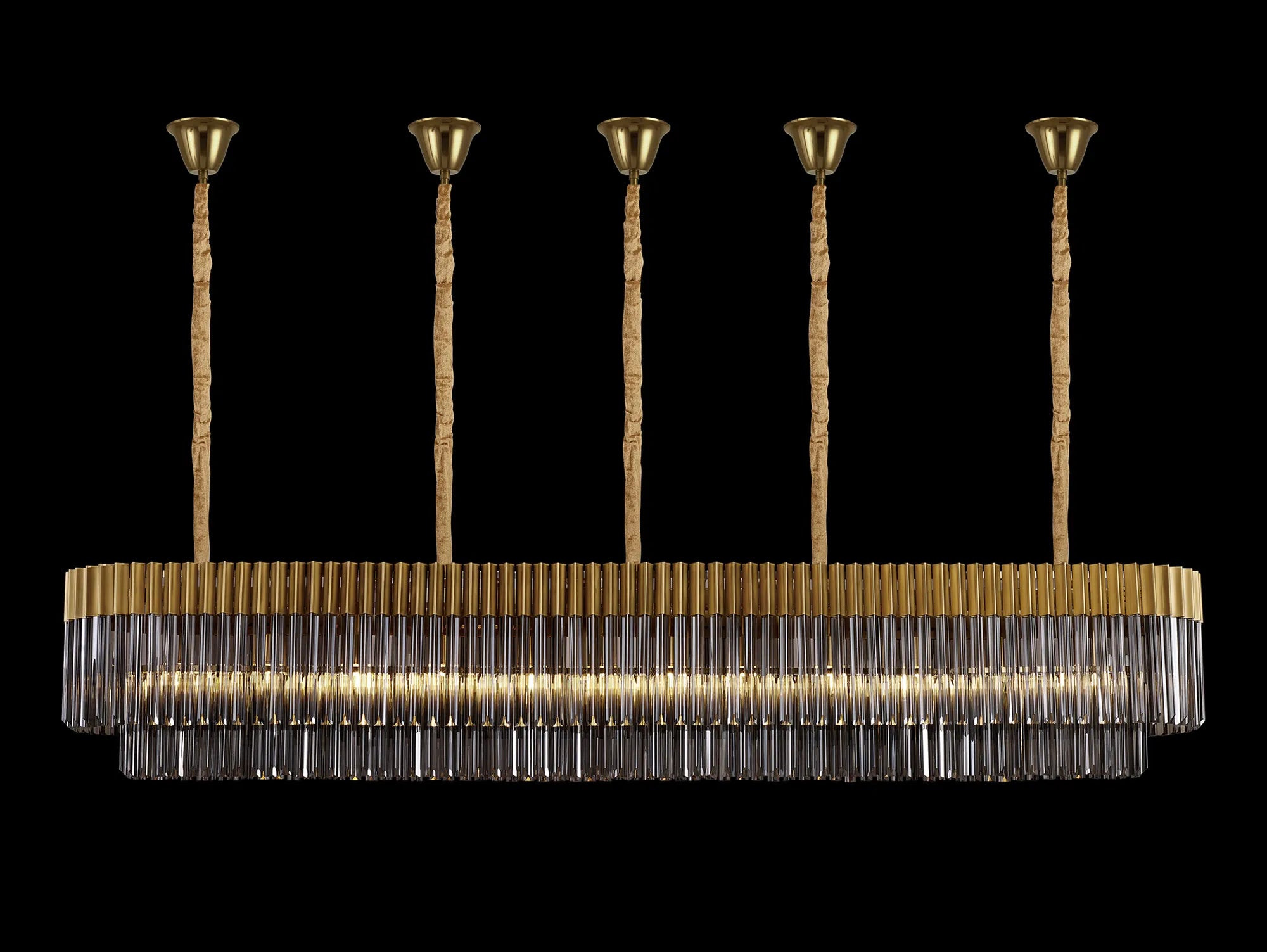 Cedar 225 Light - 40cm Linear Pendant With Bell Cup 12 Light - Brass & Smoked Sculpted Glass