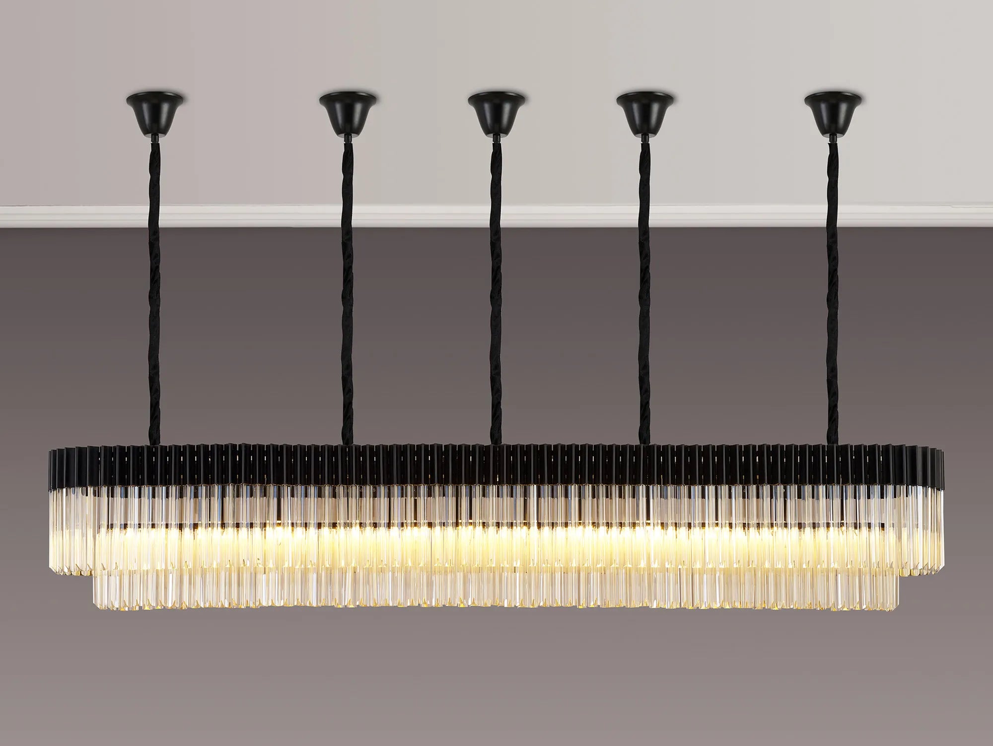 Cedar 225 Light - 40cm Linear Pendant With Bell Cup 12 Light - Matt Black & Cognac Sculpted Glass