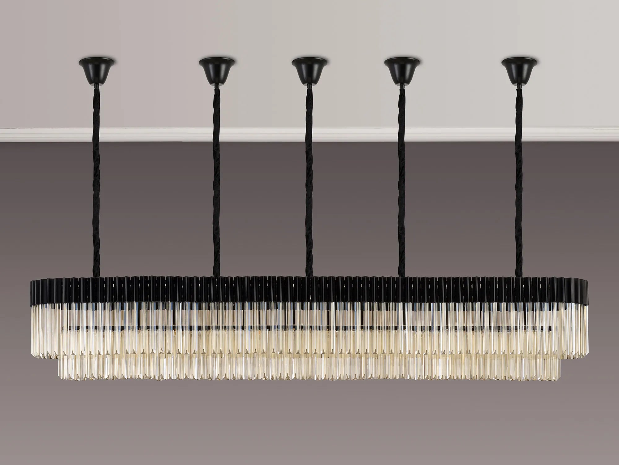 Cedar 225 Light - 40cm Linear Pendant With Bell Cup 12 Light - Matt Black & Cognac Sculpted Glass