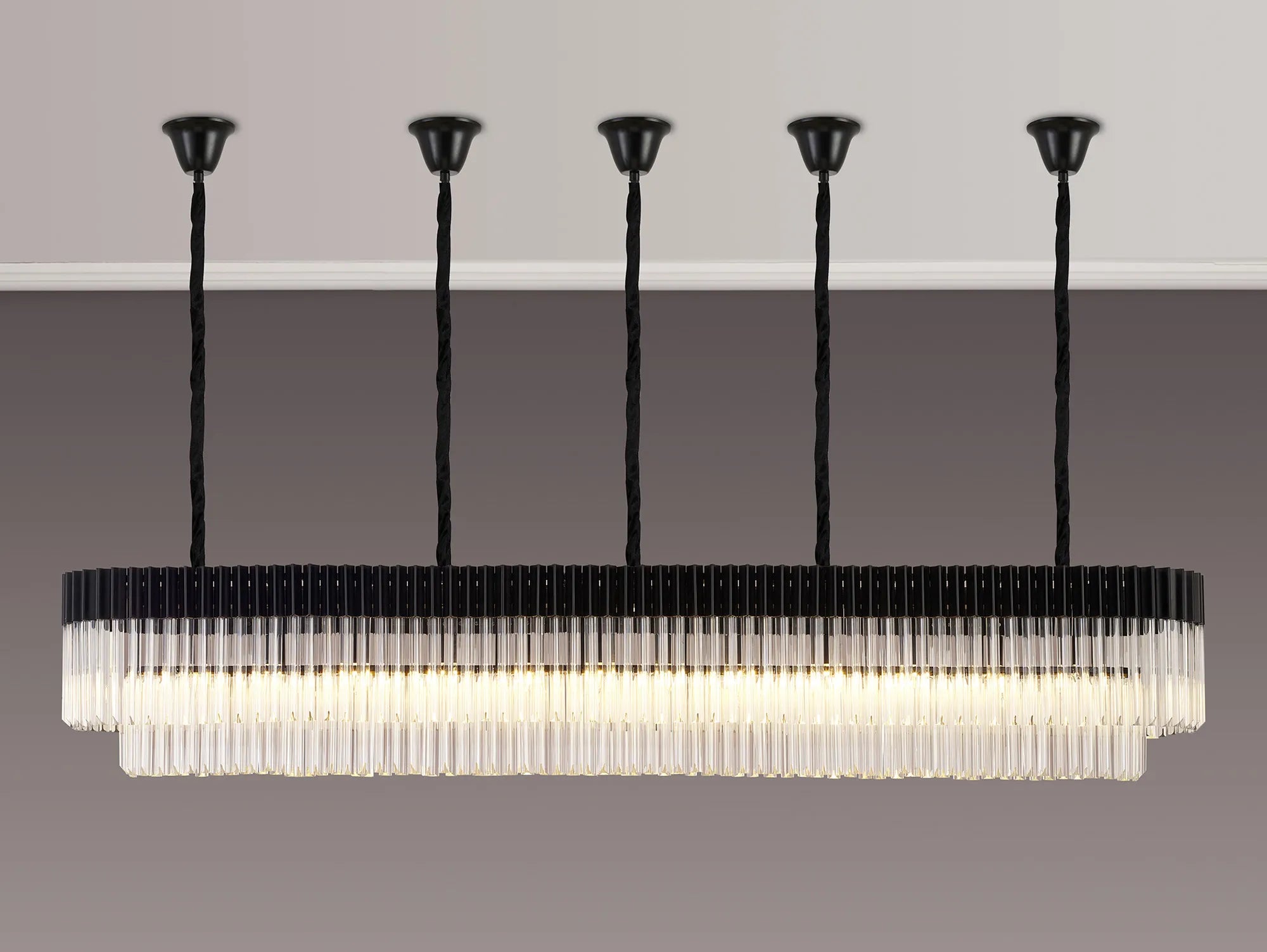 Cedar 225 Light - 40cm Linear Pendant With Bell Cup 12 Light - Matt Black & Clear Sculpted Glass