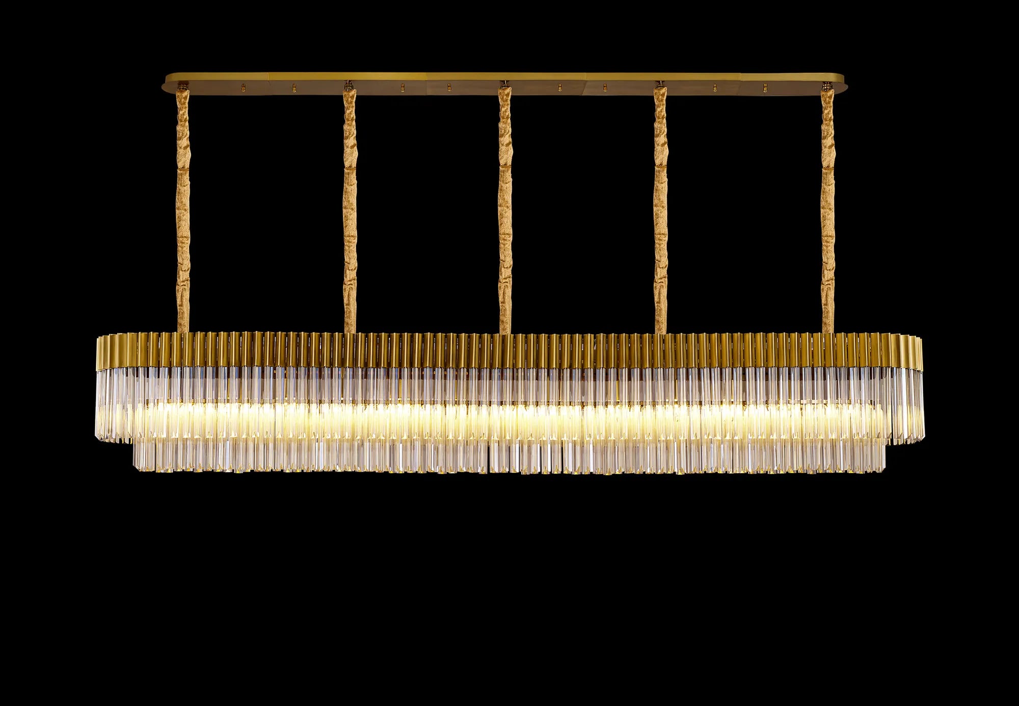 Cedar 250 x 40cm Linear Pendant 13 Light - Brass & Cognac Sculpted Glass