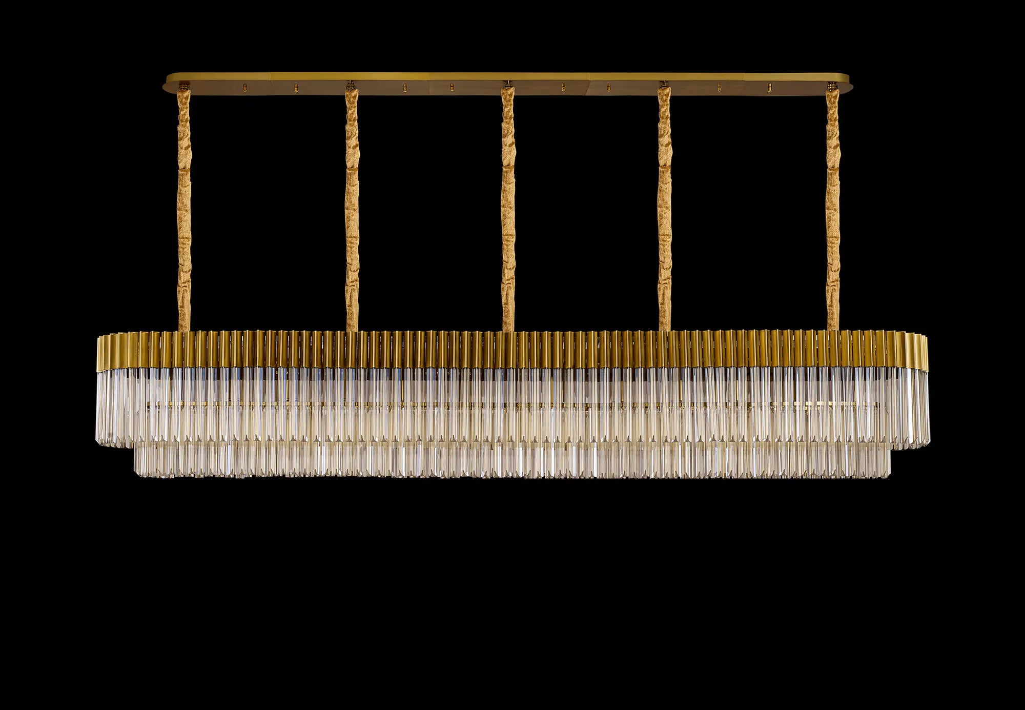 Cedar 250 x 40cm Linear Pendant 13 Light - Brass & Cognac Sculpted Glass