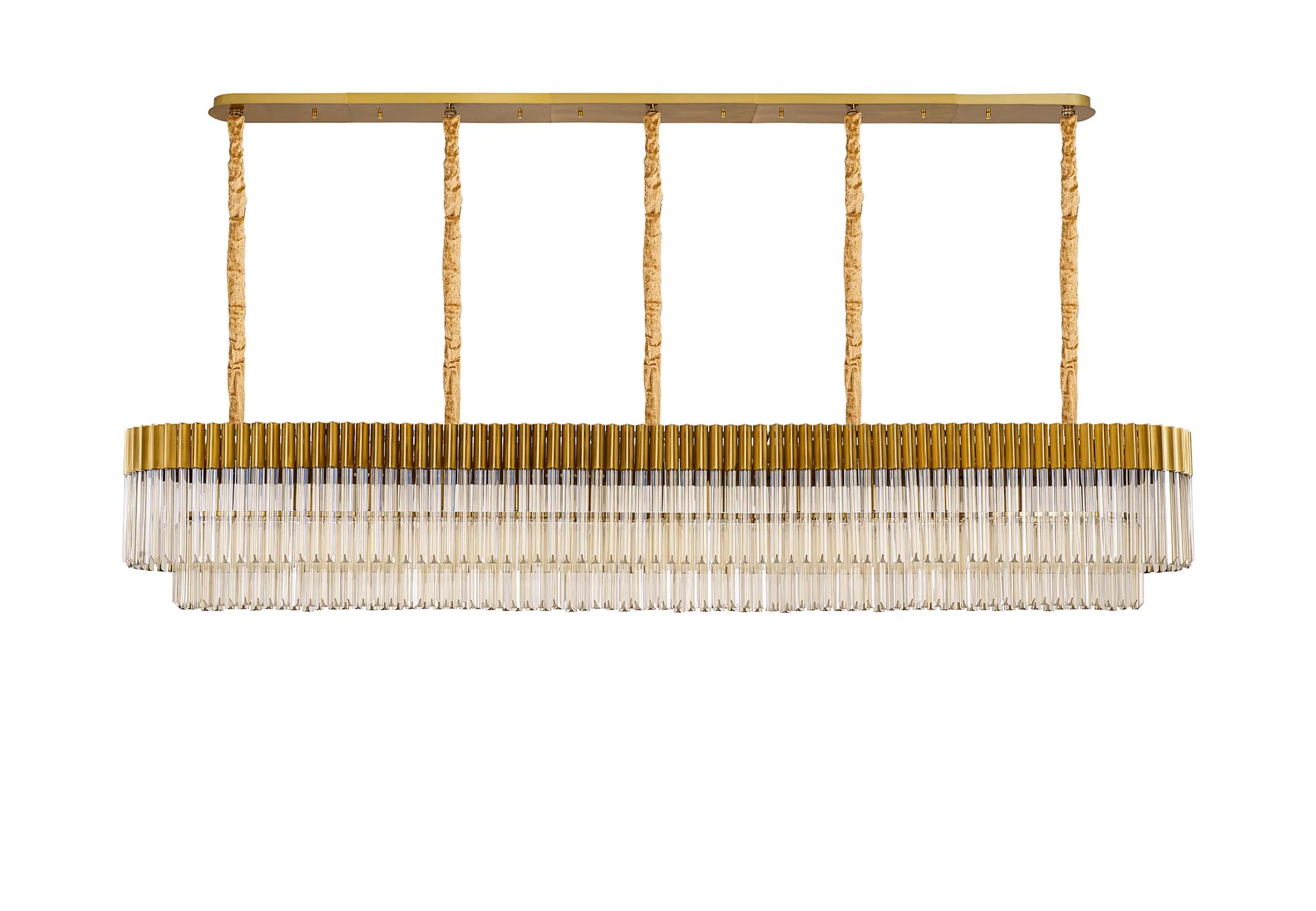 Cedar 250 x 40cm Linear Pendant 13 Light - Brass & Cognac Sculpted Glass