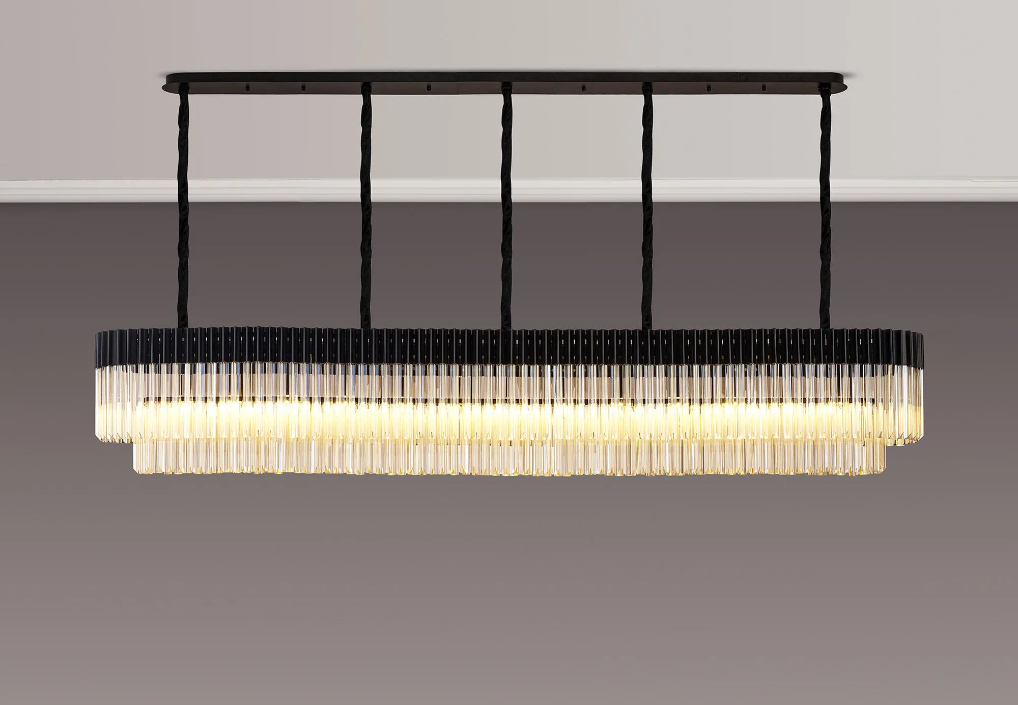 Cedar 250 x 40cm Linear Pendant 13 Light - Matt Black & Cognac Sculpted Glass