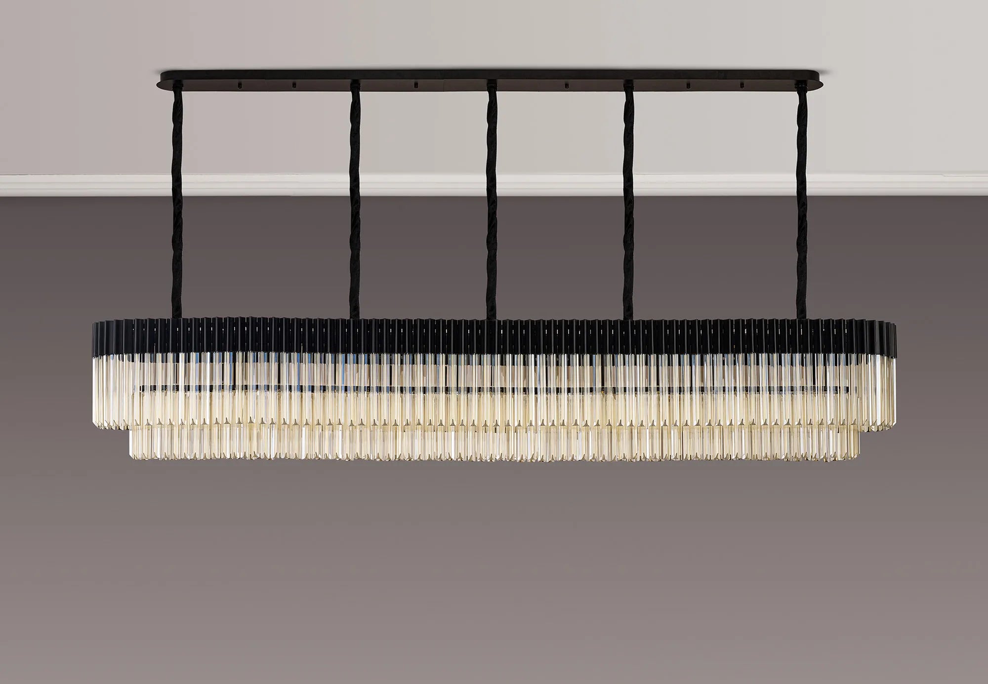 Cedar 250 x 40cm Linear Pendant 13 Light - Matt Black & Cognac Sculpted Glass