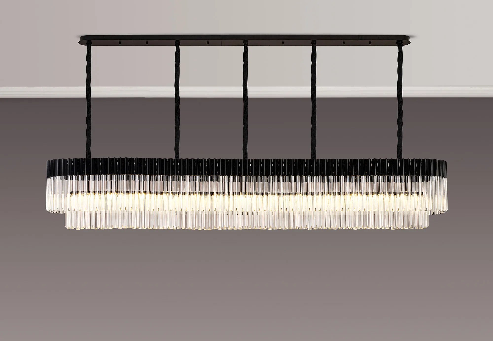 Cedar 250 x 40cm Linear Pendant 13 Light - Matt Black & Clear Sculpted Glass