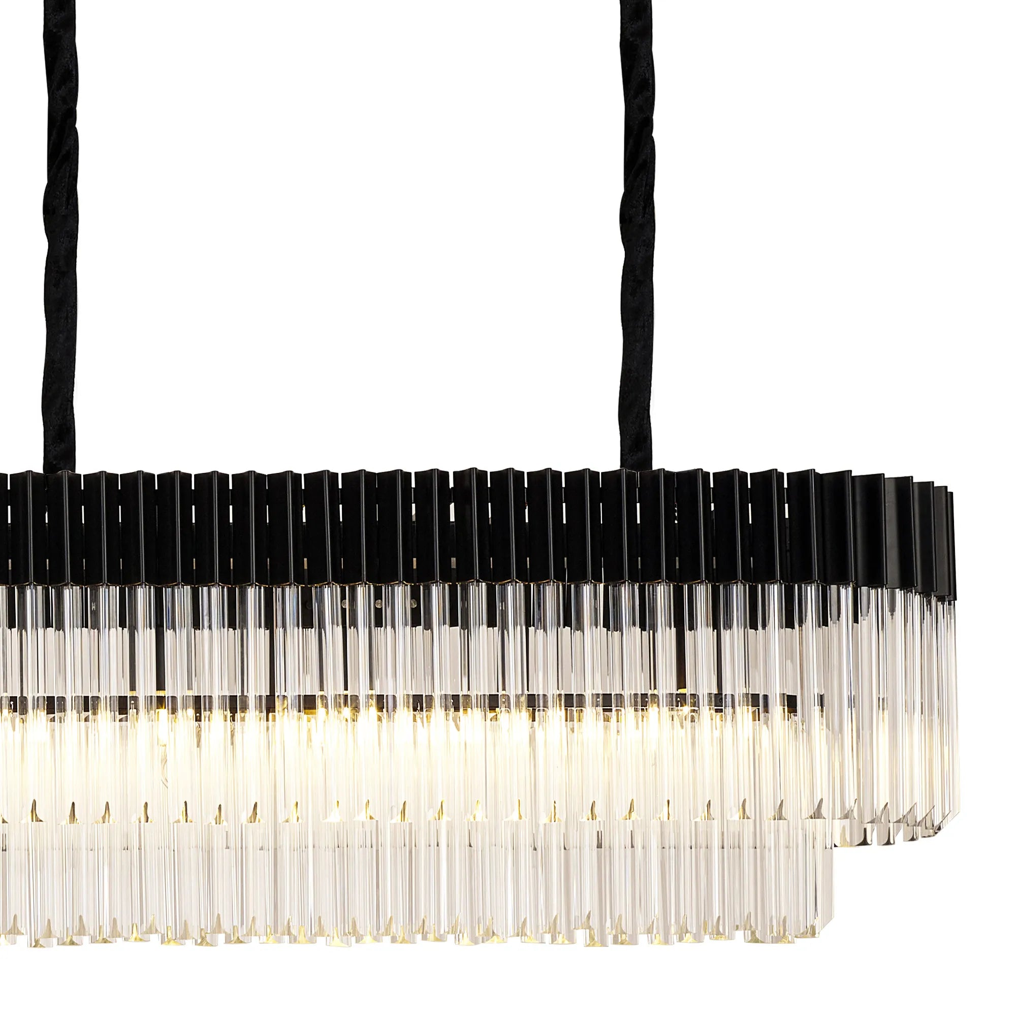 Cedar 250 x 40cm Linear Pendant 13 Light - Matt Black & Clear Sculpted Glass