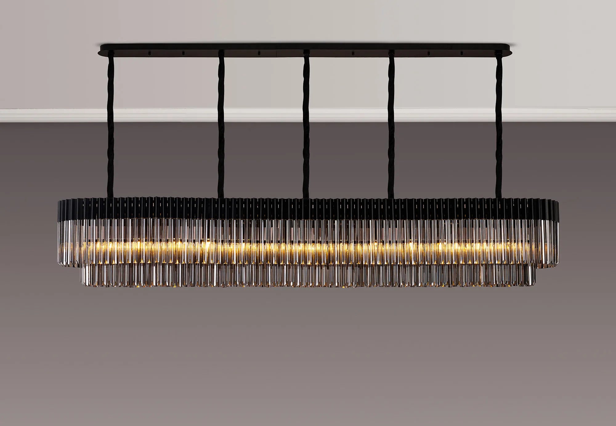 Cedar 250 x 40cm Linear Pendant 13 Light - Matt Black & Smoked Sculpted Glass