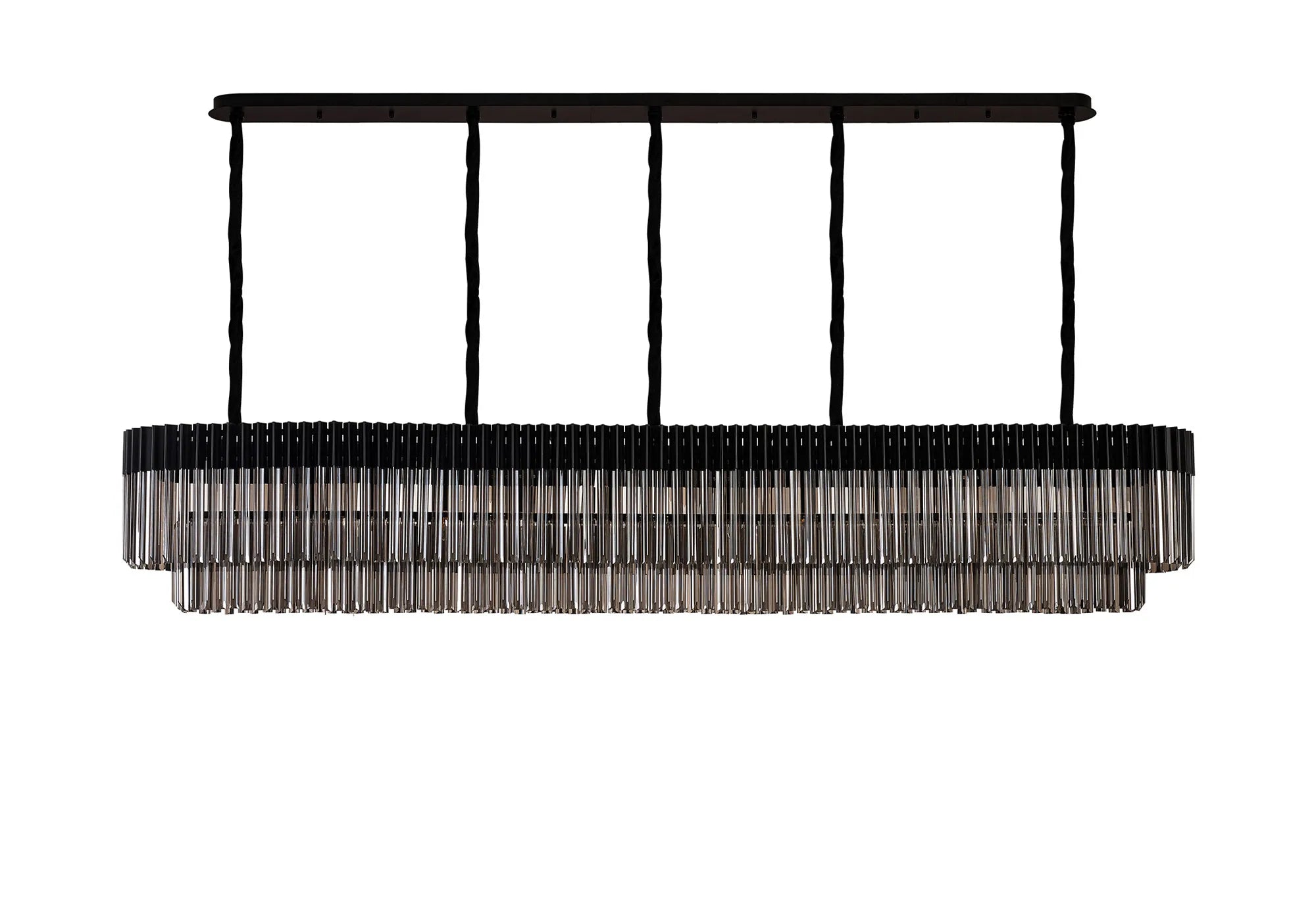 Cedar 250 x 40cm Linear Pendant 13 Light - Matt Black & Smoked Sculpted Glass