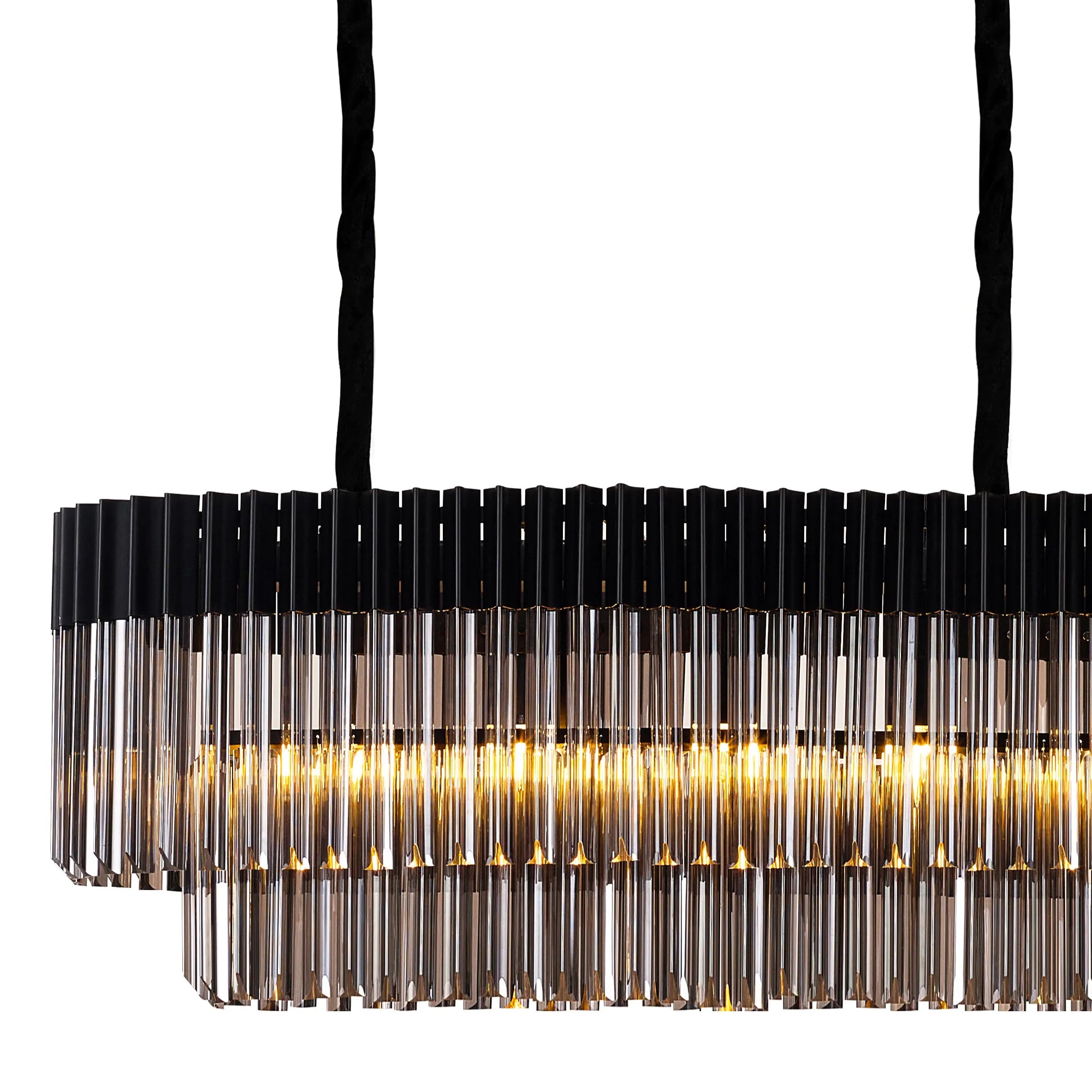 Cedar 250 x 40cm Linear Pendant 13 Light - Matt Black & Smoked Sculpted Glass