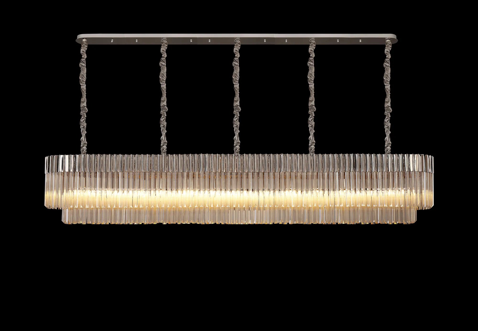 Cedar 250 x 40cm Linear Pendant 13 Light - Polished Nickel & Cognac Sculpted Glass