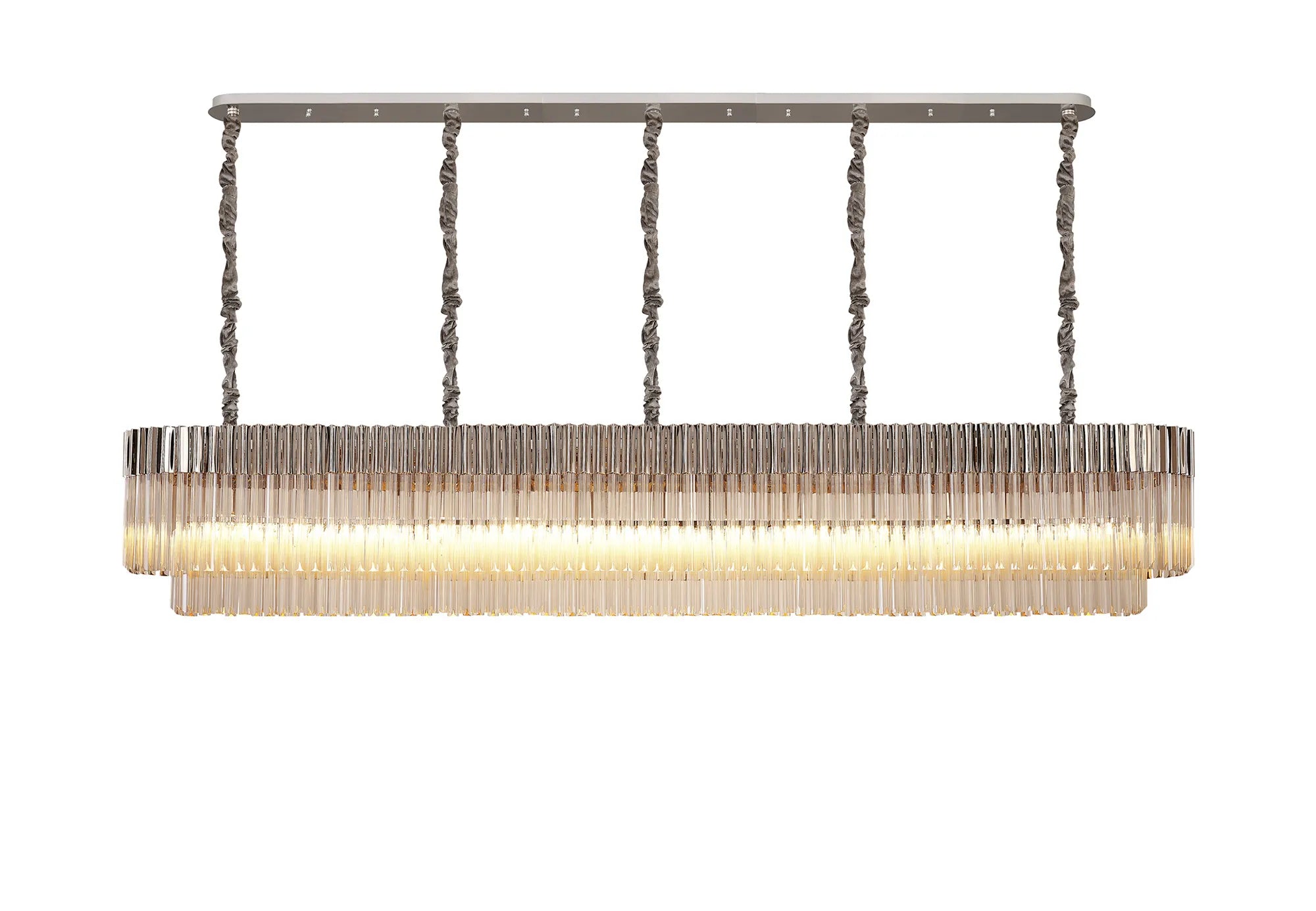 Cedar 250 x 40cm Linear Pendant 13 Light - Polished Nickel & Cognac Sculpted Glass