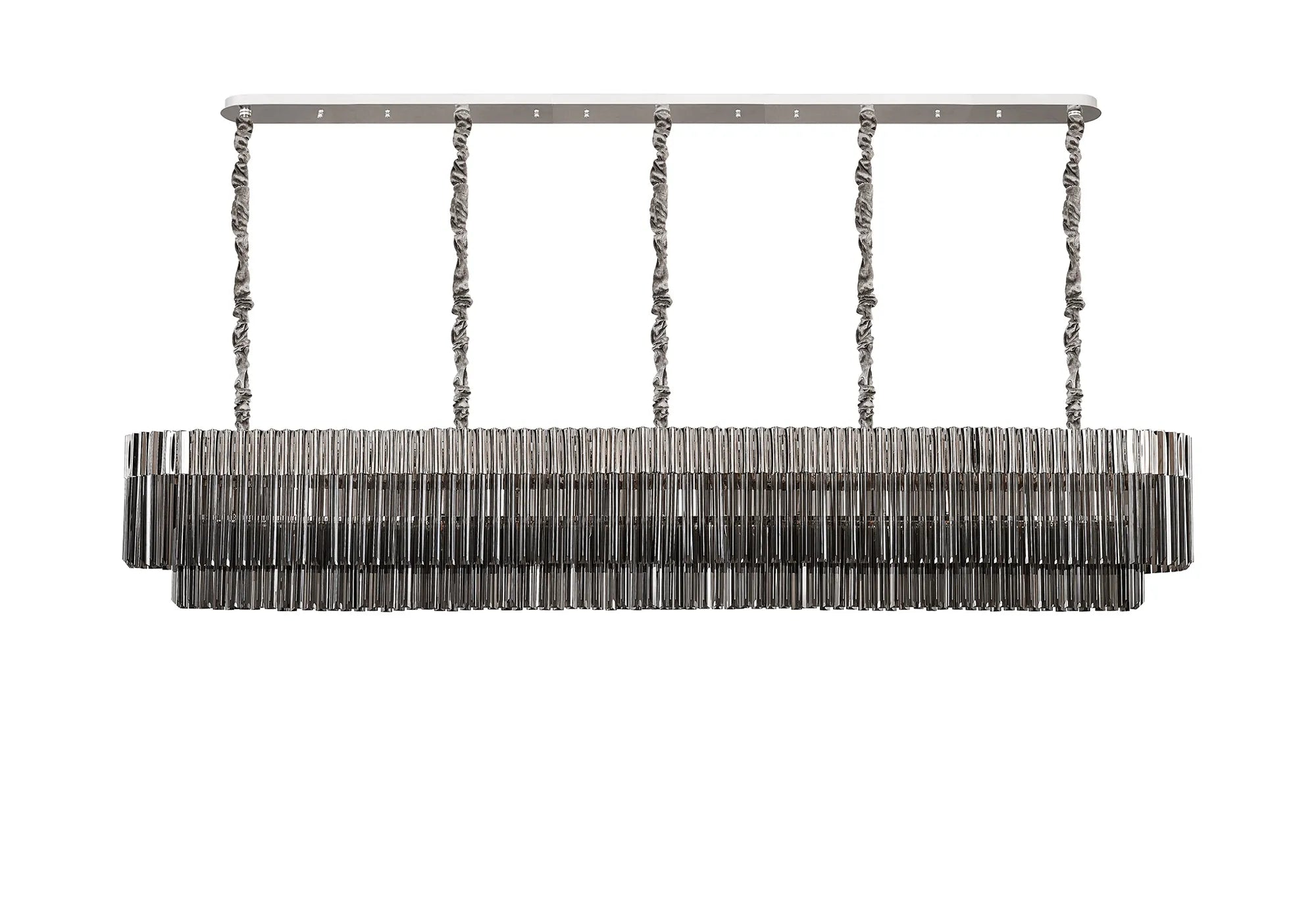 Cedar 250 x 40cm Linear Pendant 13 Light - Polished Nickel & Smoked Sculpted Glass