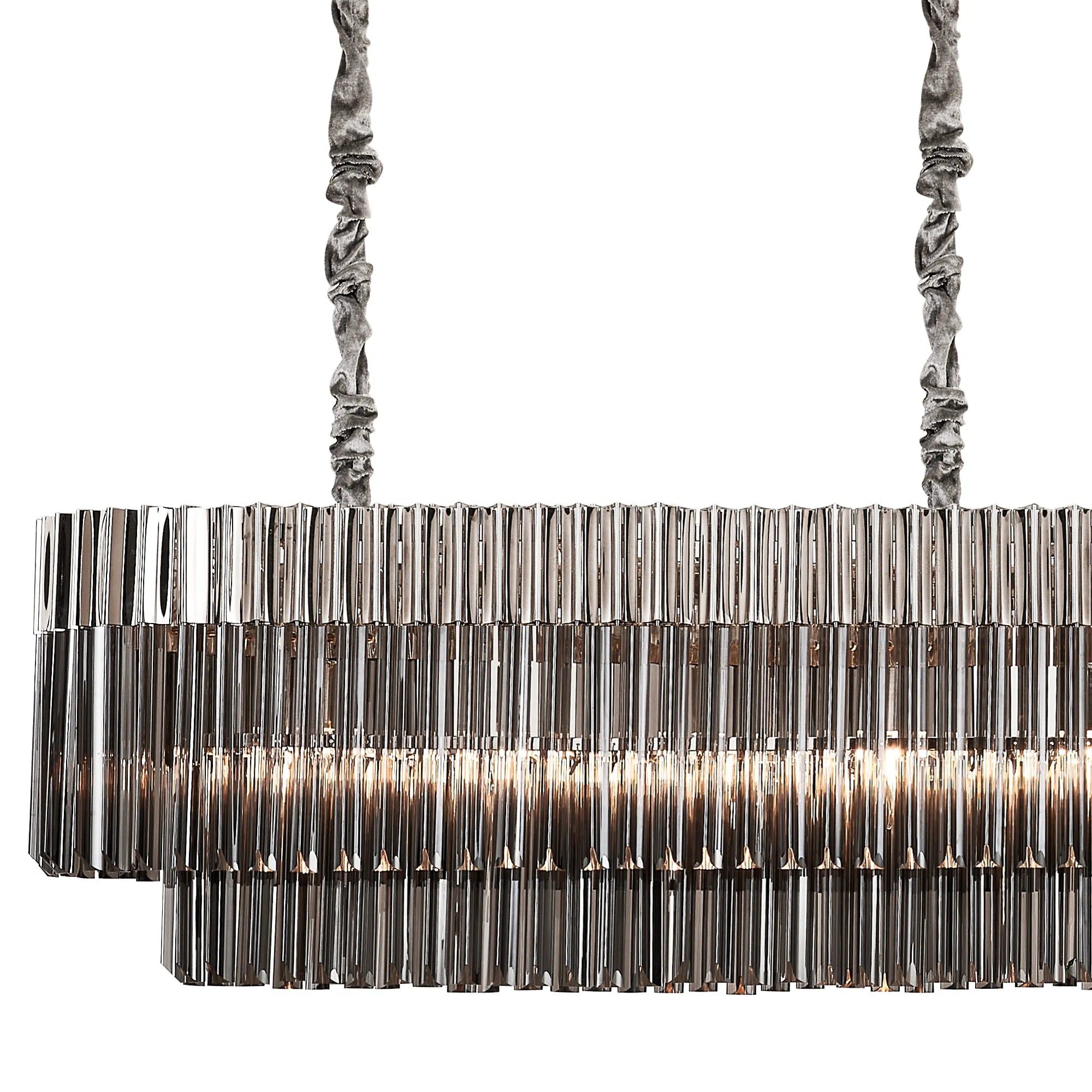 Cedar 250 x 40cm Linear Pendant 13 Light - Polished Nickel & Smoked Sculpted Glass