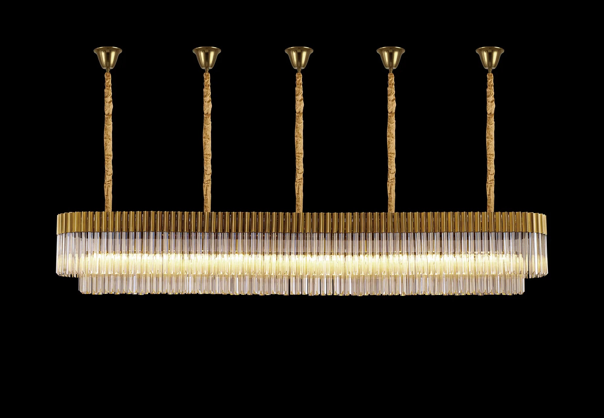 Cedar 250 x 40cm Linear Pendant With Bell Cup 13 Light - Brass & Cognac Sculpted Glass