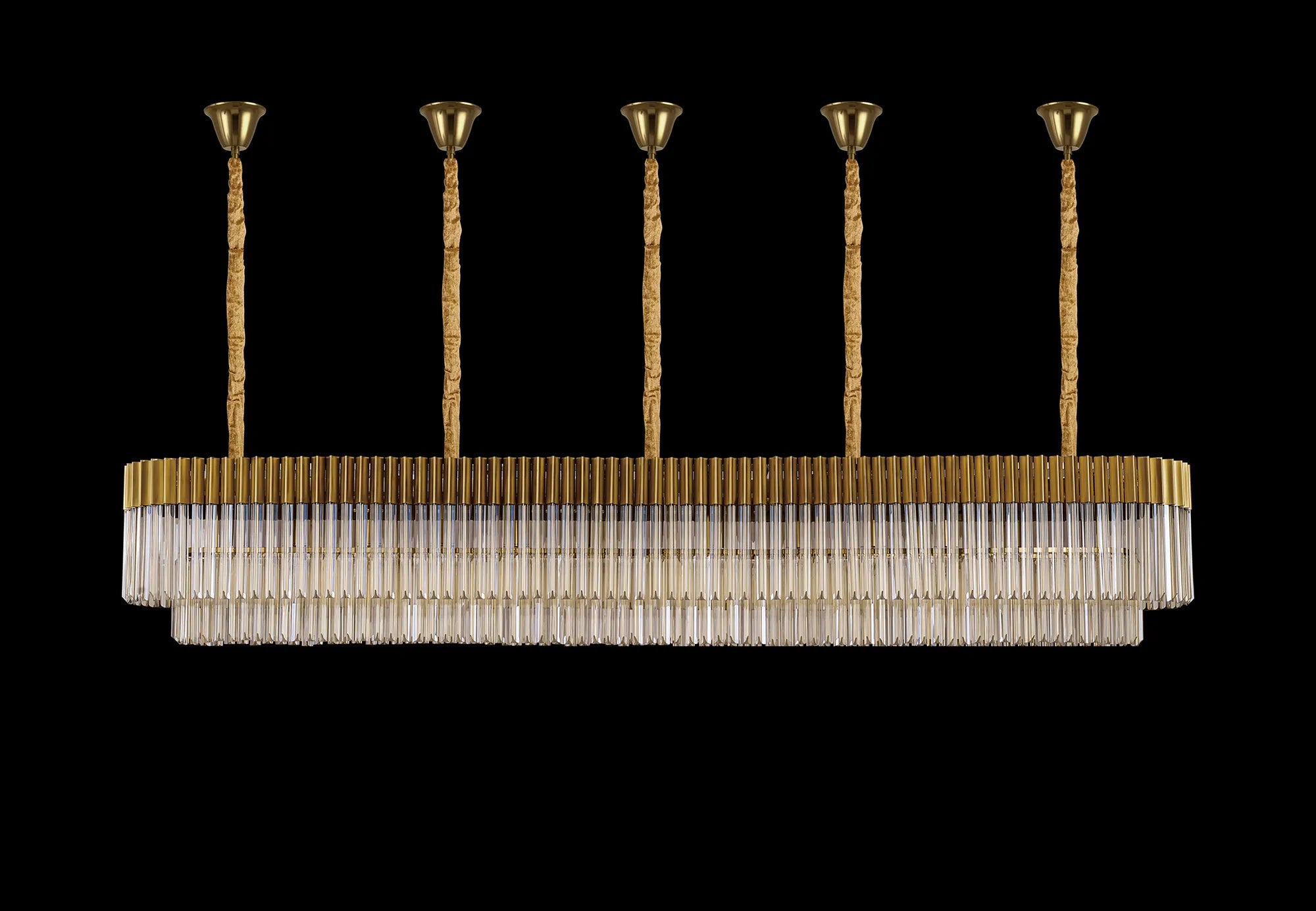 Cedar 250 x 40cm Linear Pendant With Bell Cup 13 Light - Brass & Cognac Sculpted Glass