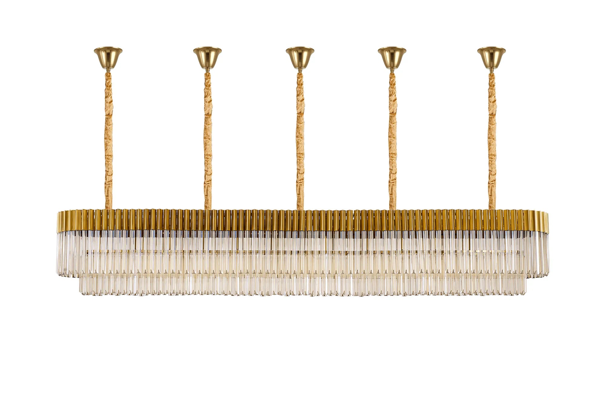 Cedar 250 x 40cm Linear Pendant With Bell Cup 13 Light - Brass & Cognac Sculpted Glass