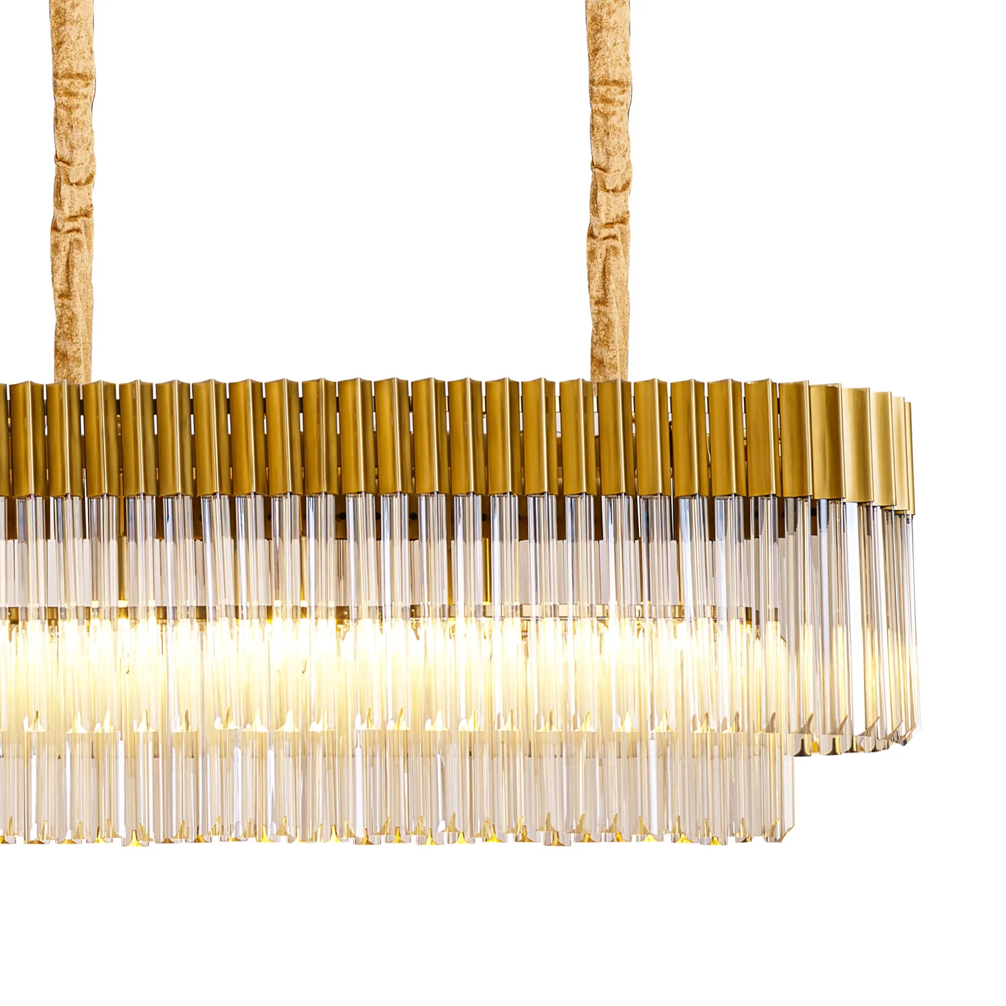 Cedar 250 x 40cm Linear Pendant With Bell Cup 13 Light - Brass & Cognac Sculpted Glass