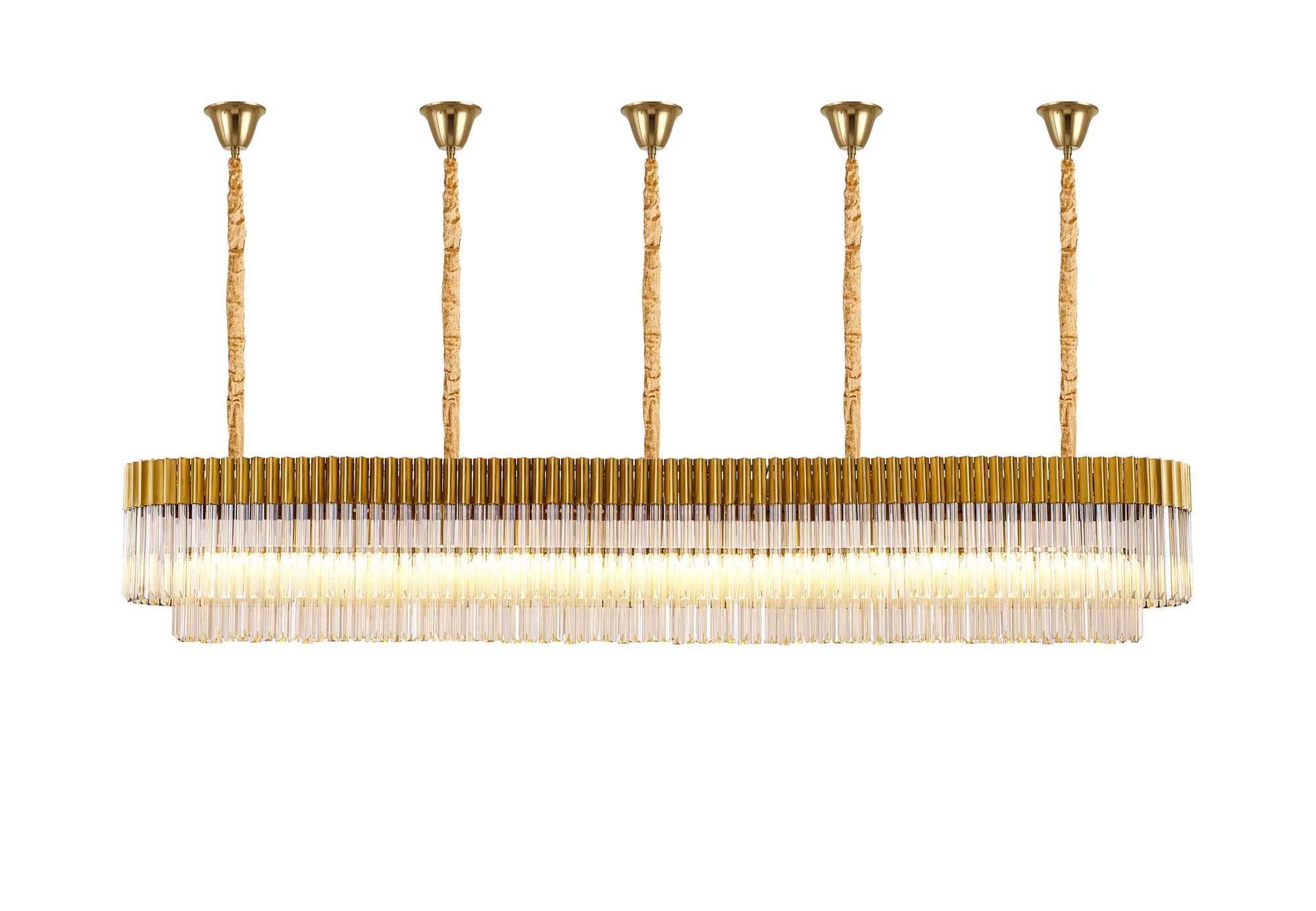 Cedar 250 x 40cm Linear Pendant With Bell Cup 13 Light - Brass & Cognac Sculpted Glass