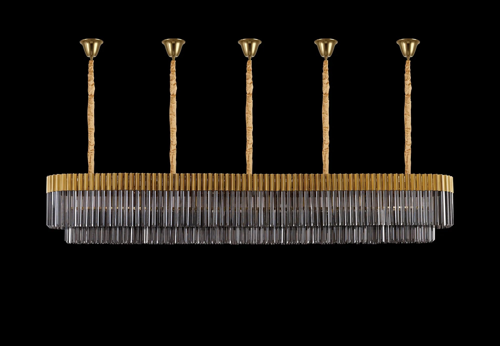 Cedar 250 x 40cm Linear Pendant With Bell Cup 13 Light - Brass & Smoked Sculpted Glass