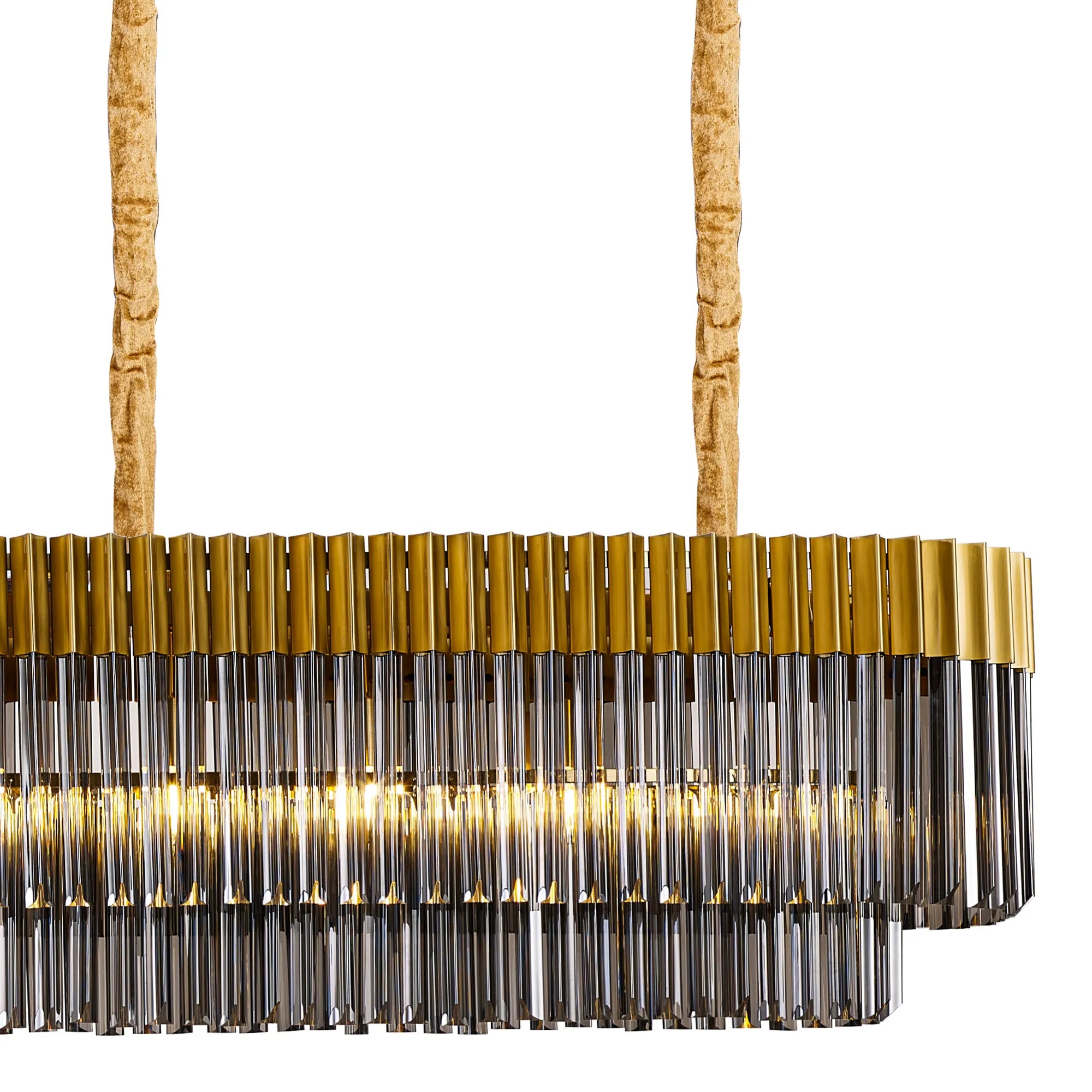 Cedar 250 x 40cm Linear Pendant With Bell Cup 13 Light - Brass & Smoked Sculpted Glass
