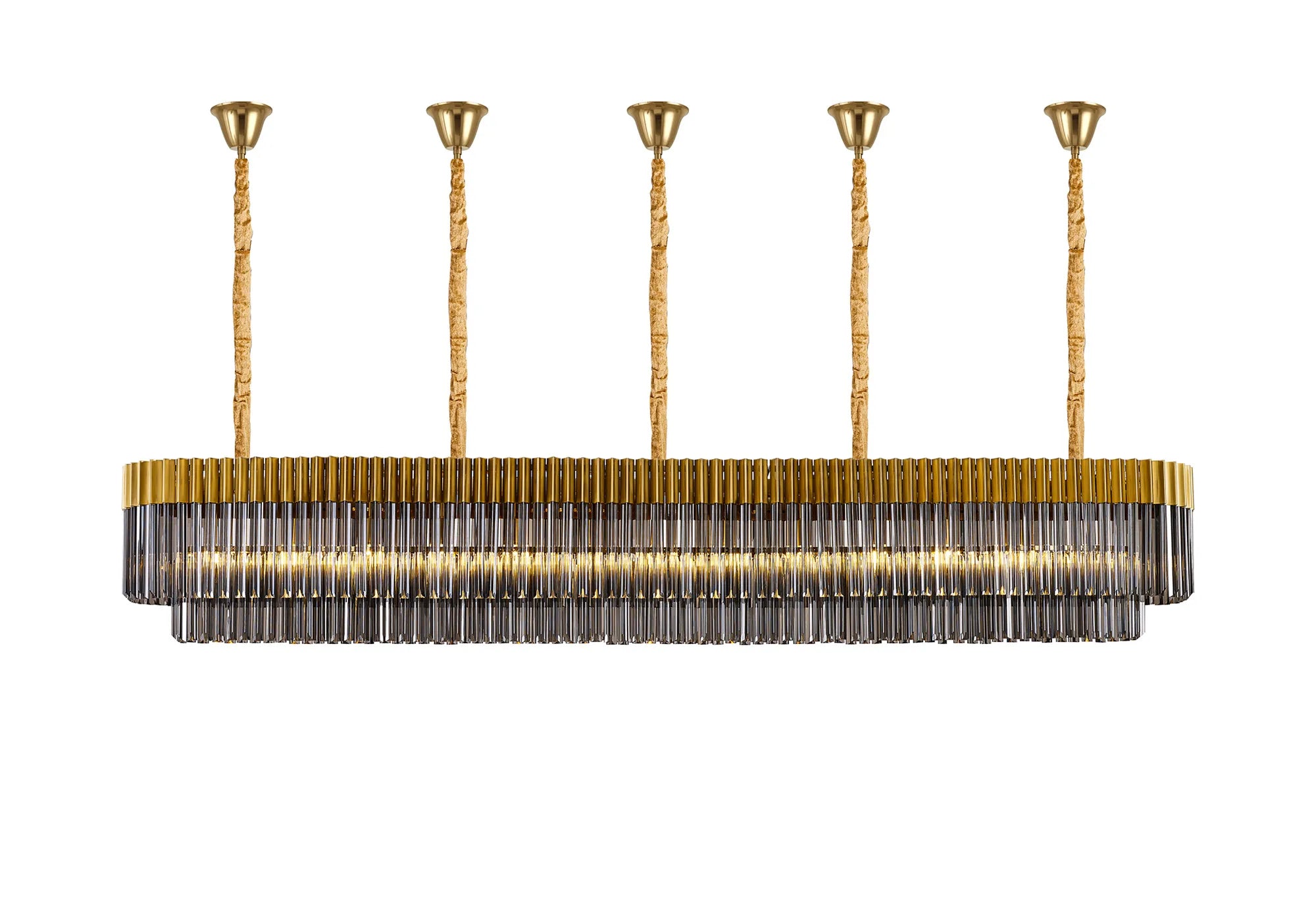 Cedar 250 x 40cm Linear Pendant With Bell Cup 13 Light - Brass & Smoked Sculpted Glass