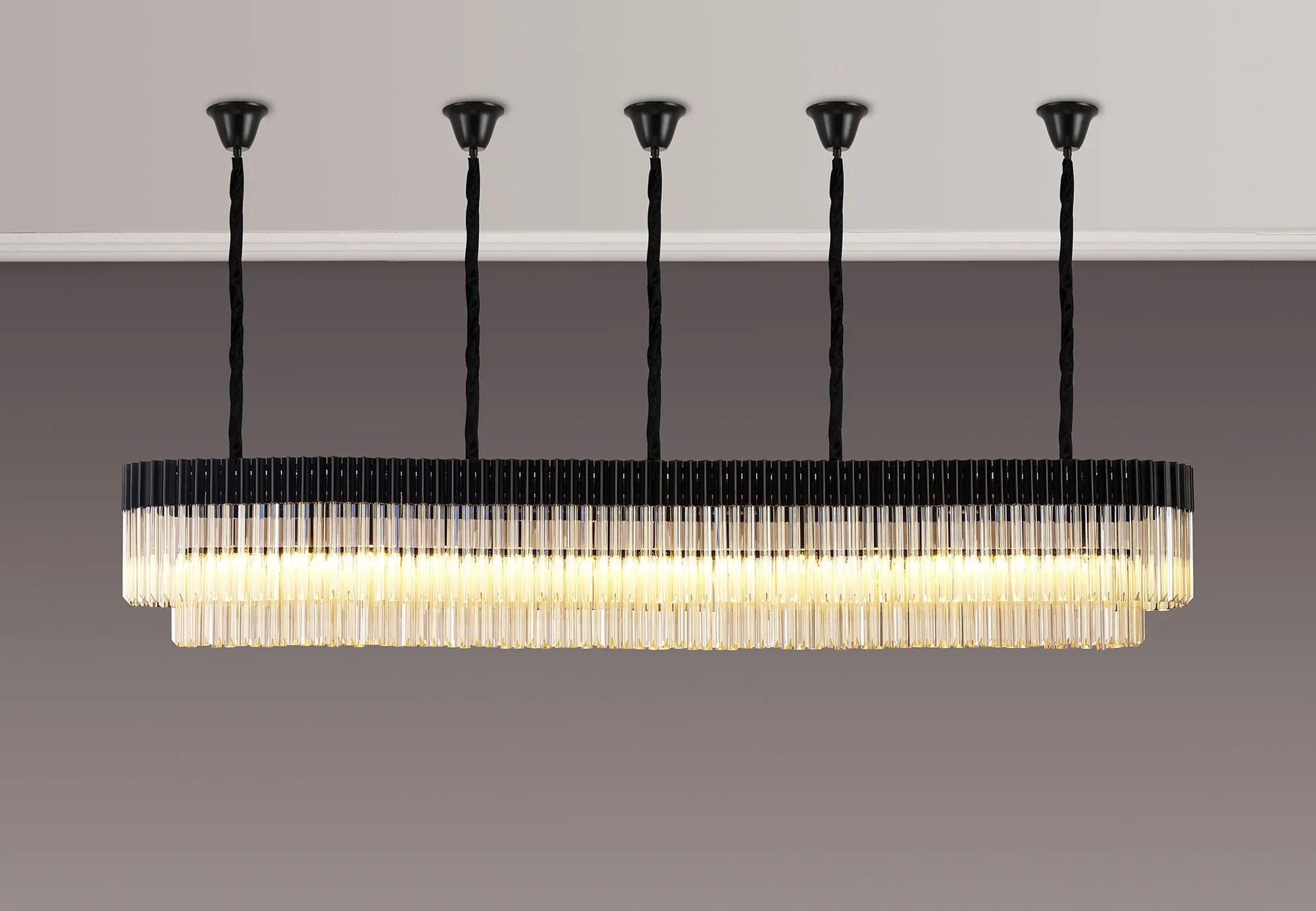 Cedar 250 x 40cm Linear Pendant With Bell Cup 13 Light - Matt Black & Cognac Sculpted Glass