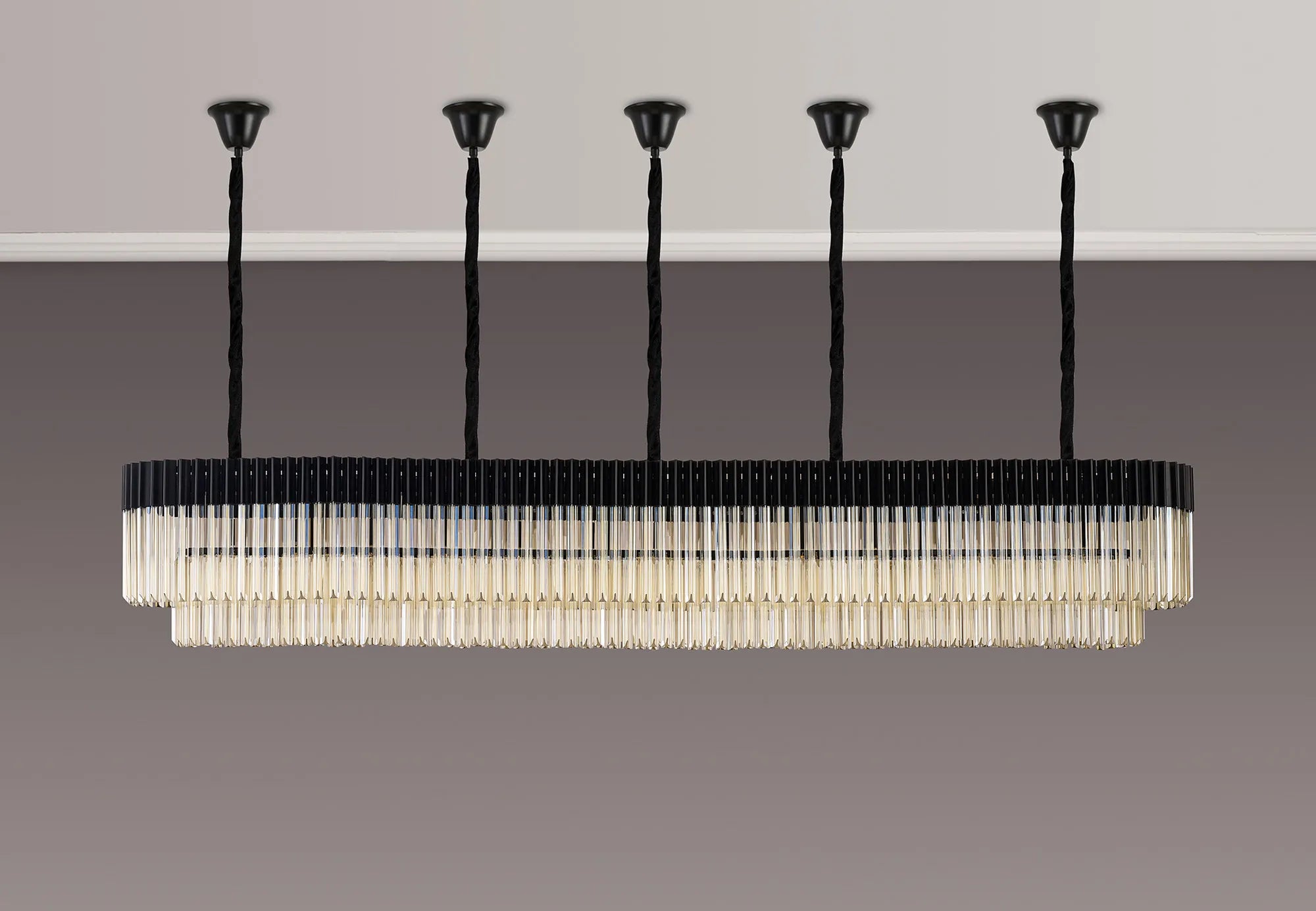 Cedar 250 x 40cm Linear Pendant With Bell Cup 13 Light - Matt Black & Cognac Sculpted Glass