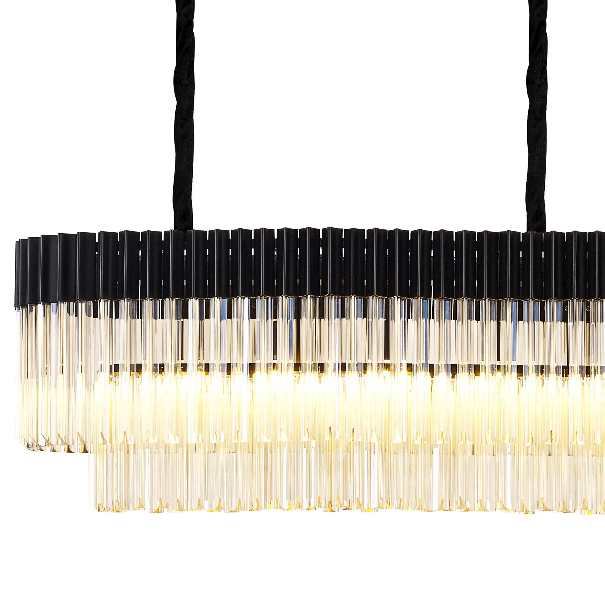Cedar 250 x 40cm Linear Pendant With Bell Cup 13 Light - Matt Black & Cognac Sculpted Glass