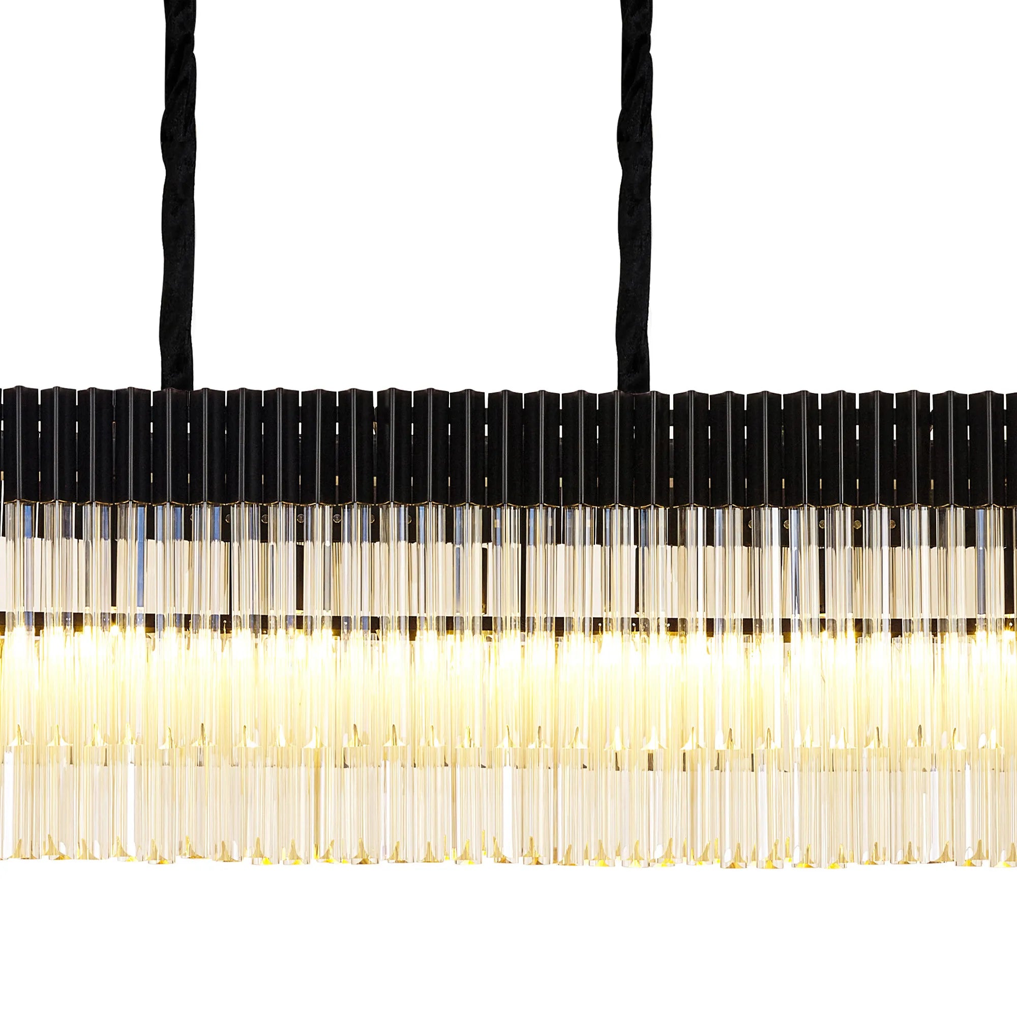 Cedar 250 x 40cm Linear Pendant With Bell Cup 13 Light - Matt Black & Cognac Sculpted Glass