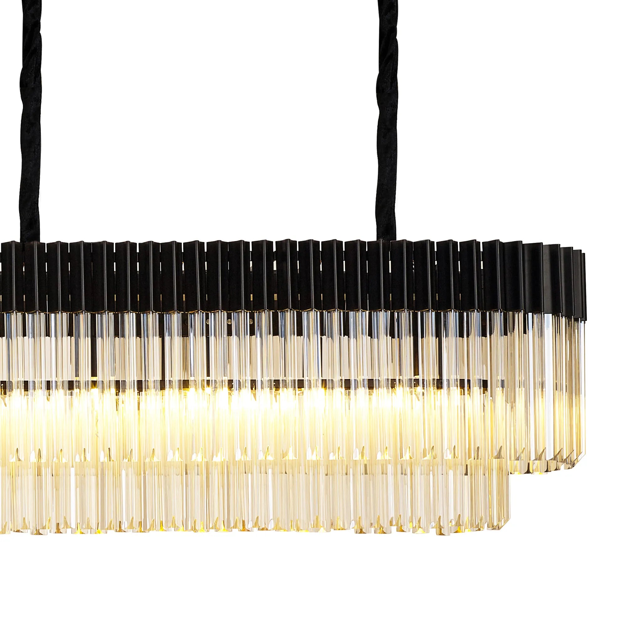 Cedar 250 x 40cm Linear Pendant With Bell Cup 13 Light - Matt Black & Cognac Sculpted Glass