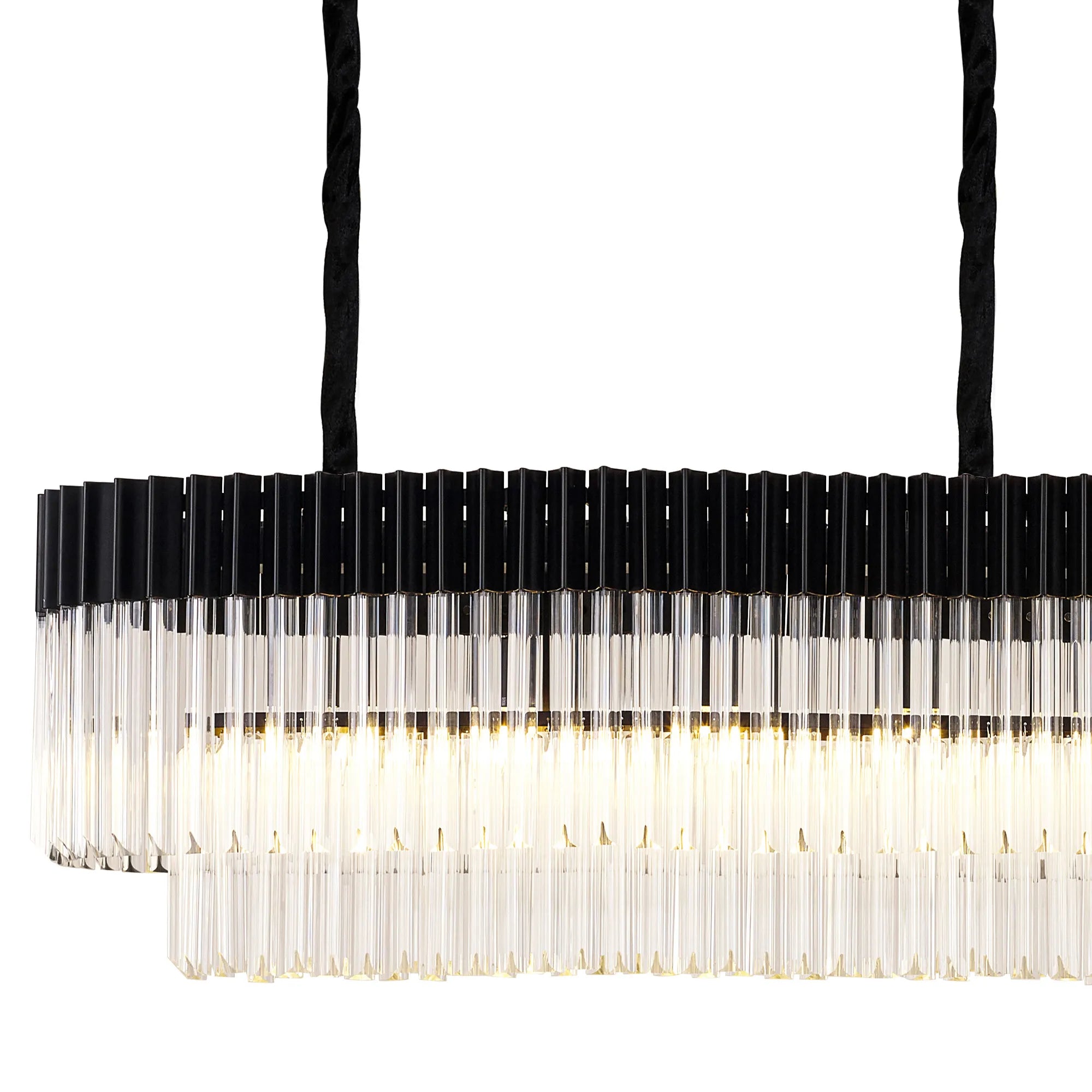 Cedar 250 x 40cm Linear Pendant With Bell Cup 13 Light - Matt Black & Clear Sculpted Glass