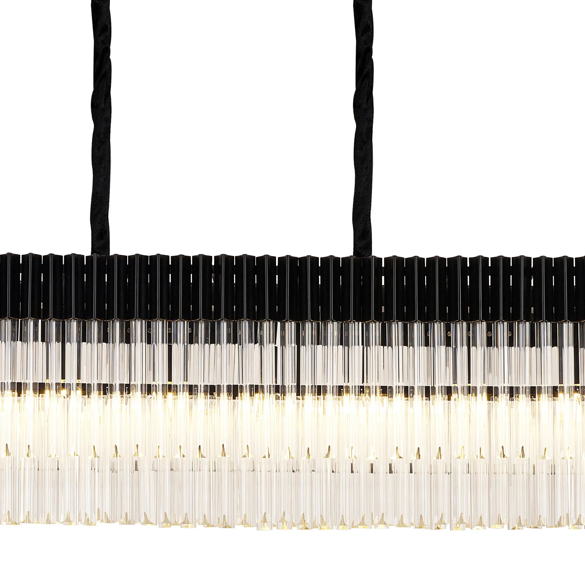 Cedar 250 x 40cm Linear Pendant With Bell Cup 13 Light - Matt Black & Clear Sculpted Glass