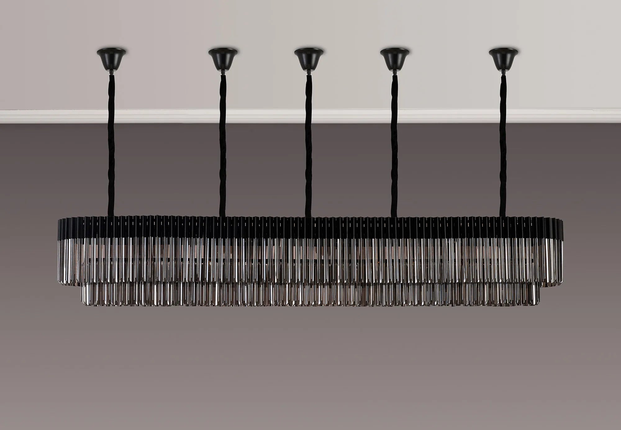 Cedar 250 x 40cm Linear Pendant With Bell Cup 13 Light - Matt Black & Smoked Sculpted Glass