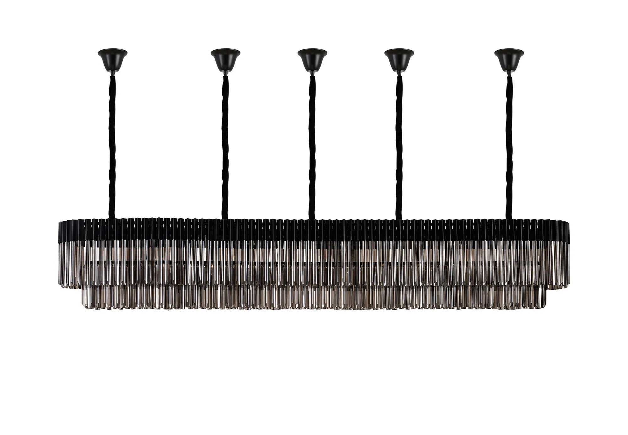 Cedar 250 x 40cm Linear Pendant With Bell Cup 13 Light - Matt Black & Smoked Sculpted Glass