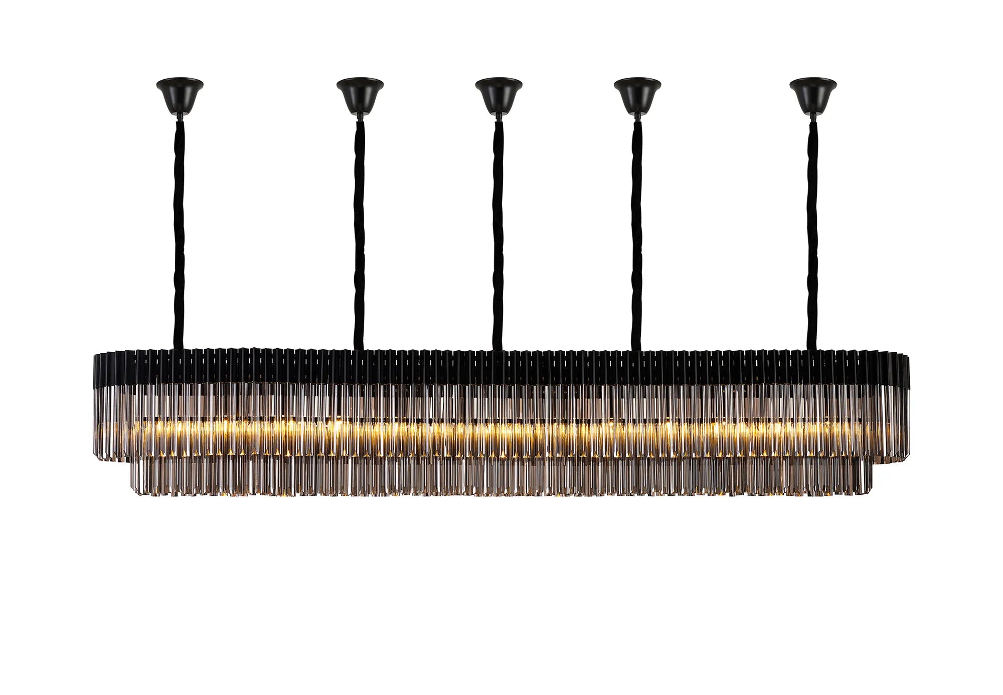 Cedar 250 x 40cm Linear Pendant With Bell Cup 13 Light - Matt Black & Smoked Sculpted Glass