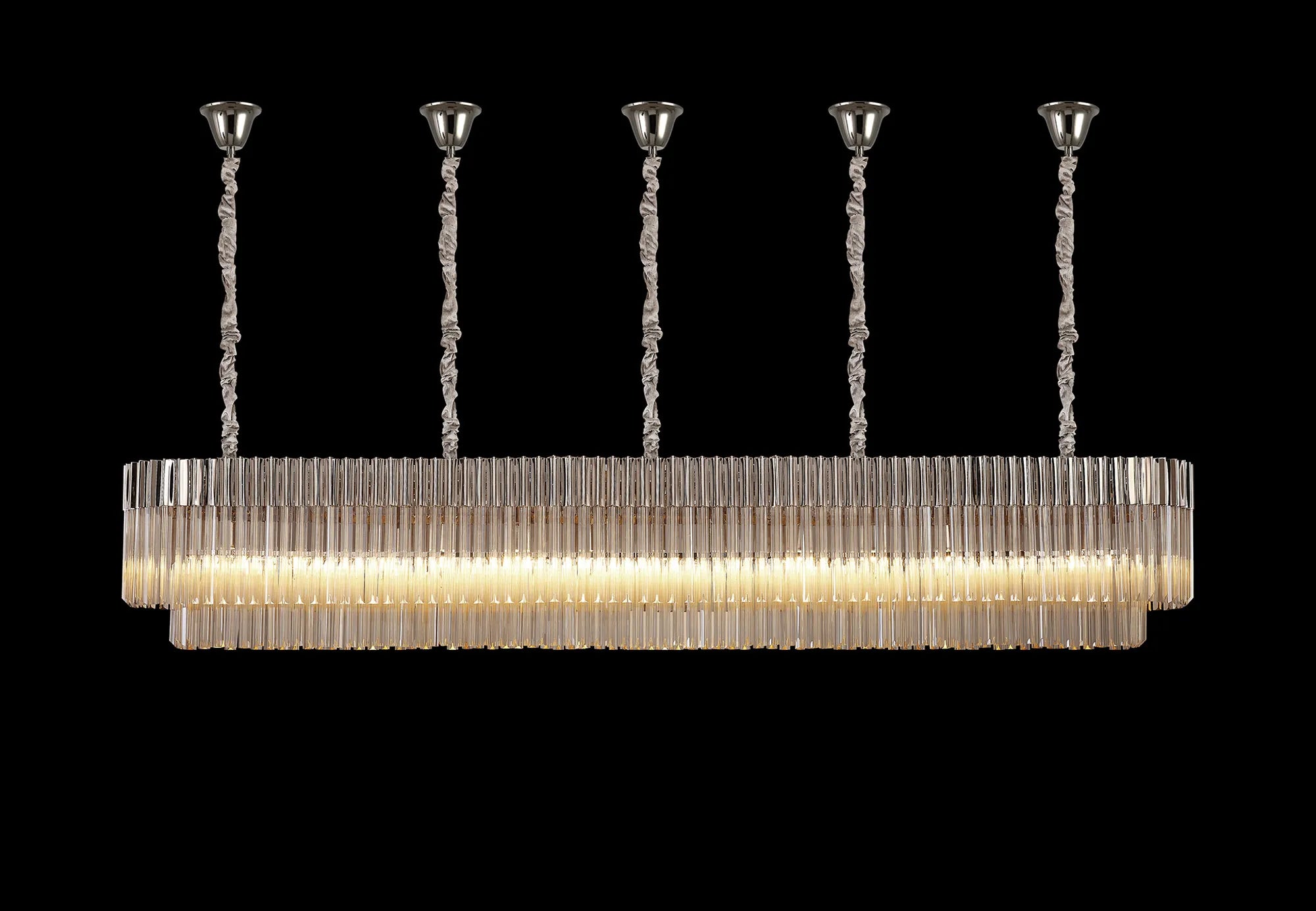 Cedar 250 x 40cm Linear Pendant With Bell Cup 13 Light - Polished Nickel & Cognac Sculpted Glass
