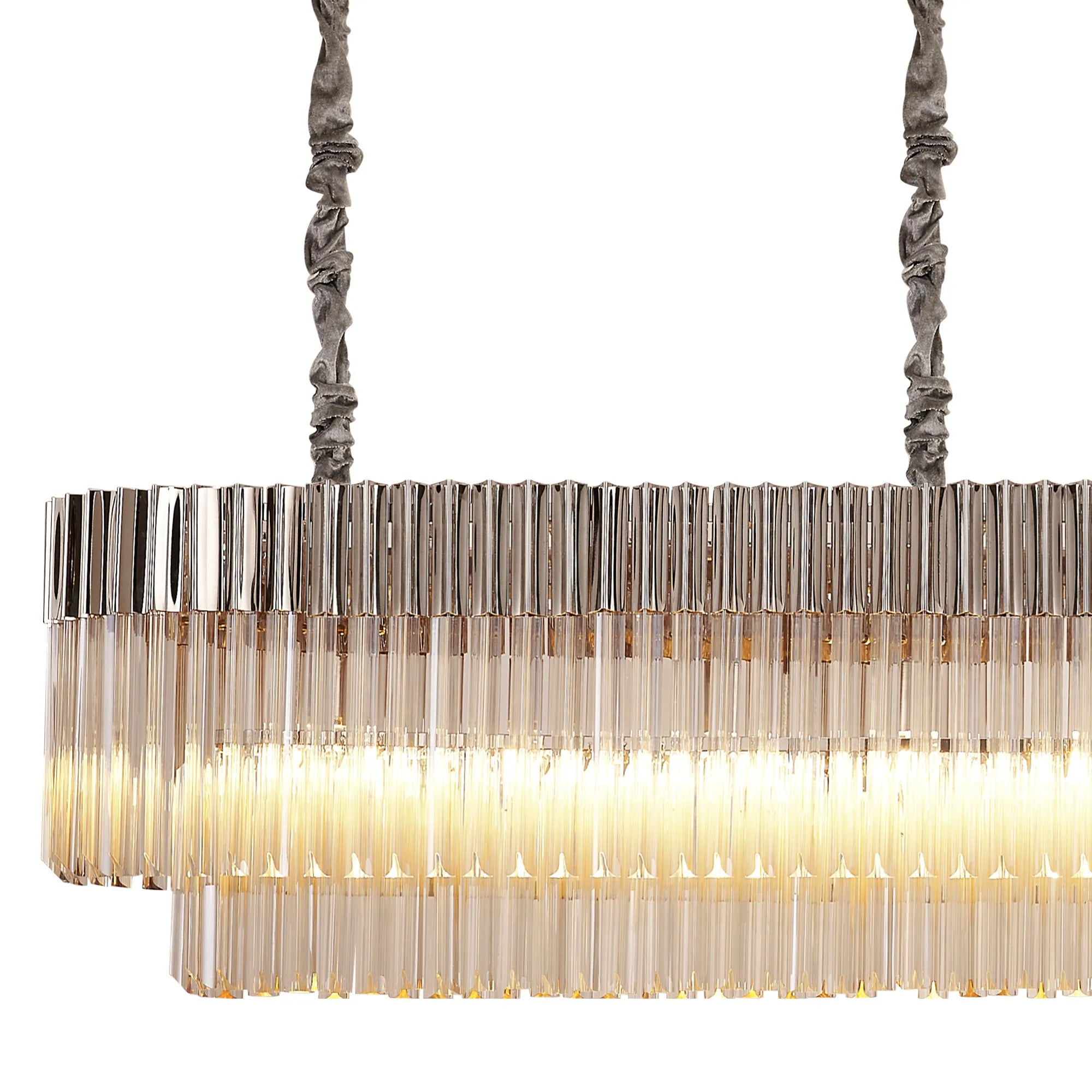 Cedar 250 x 40cm Linear Pendant With Bell Cup 13 Light - Polished Nickel & Cognac Sculpted Glass