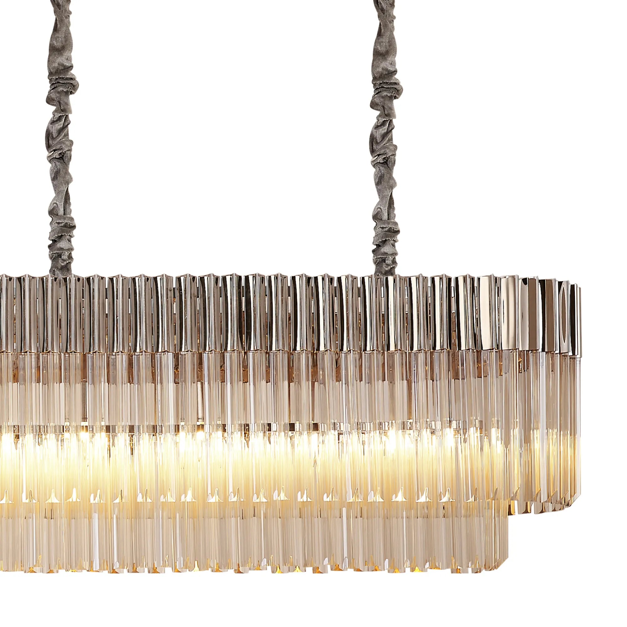 Cedar 250 x 40cm Linear Pendant With Bell Cup 13 Light - Polished Nickel & Cognac Sculpted Glass