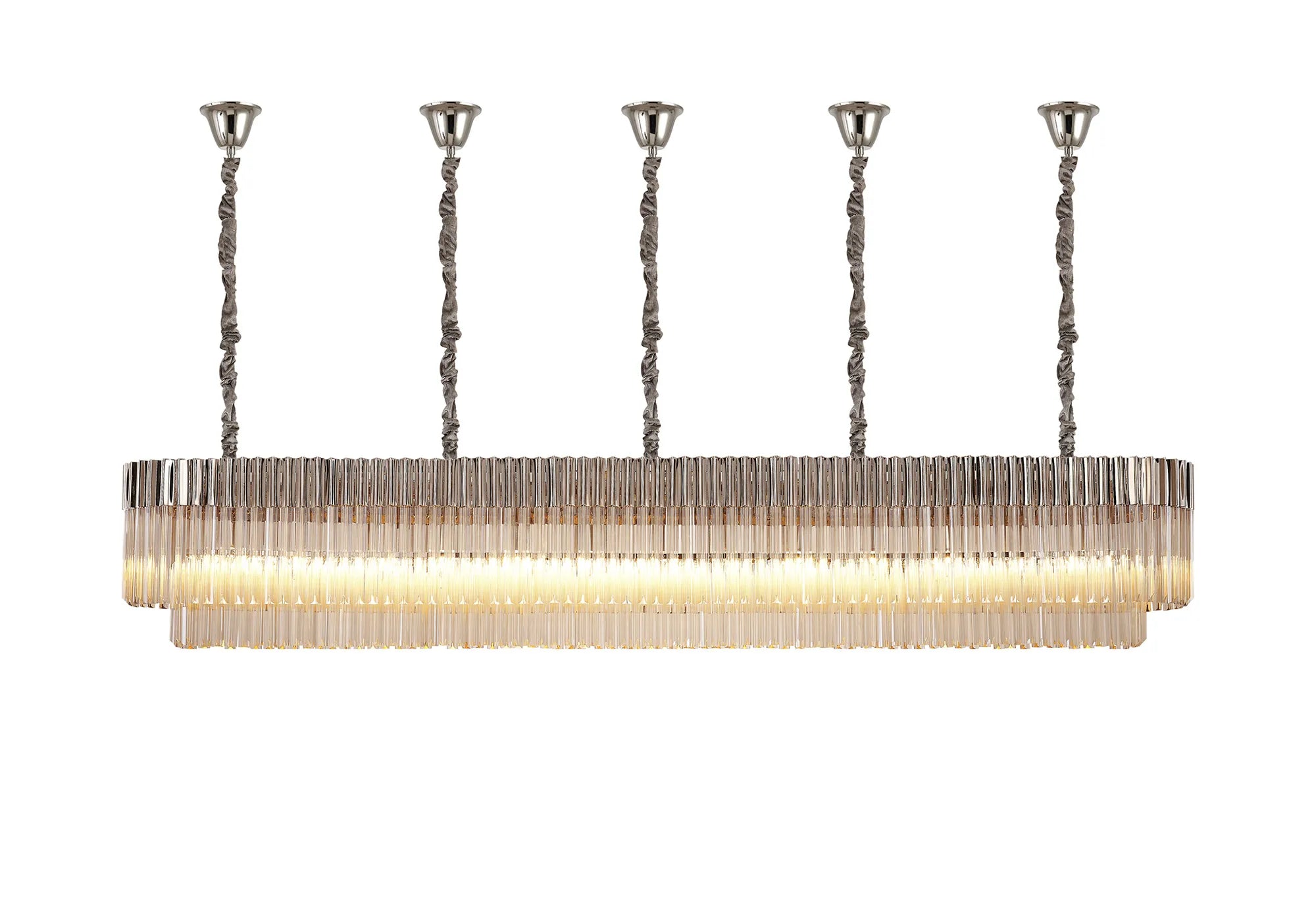 Cedar 250 x 40cm Linear Pendant With Bell Cup 13 Light - Polished Nickel & Cognac Sculpted Glass