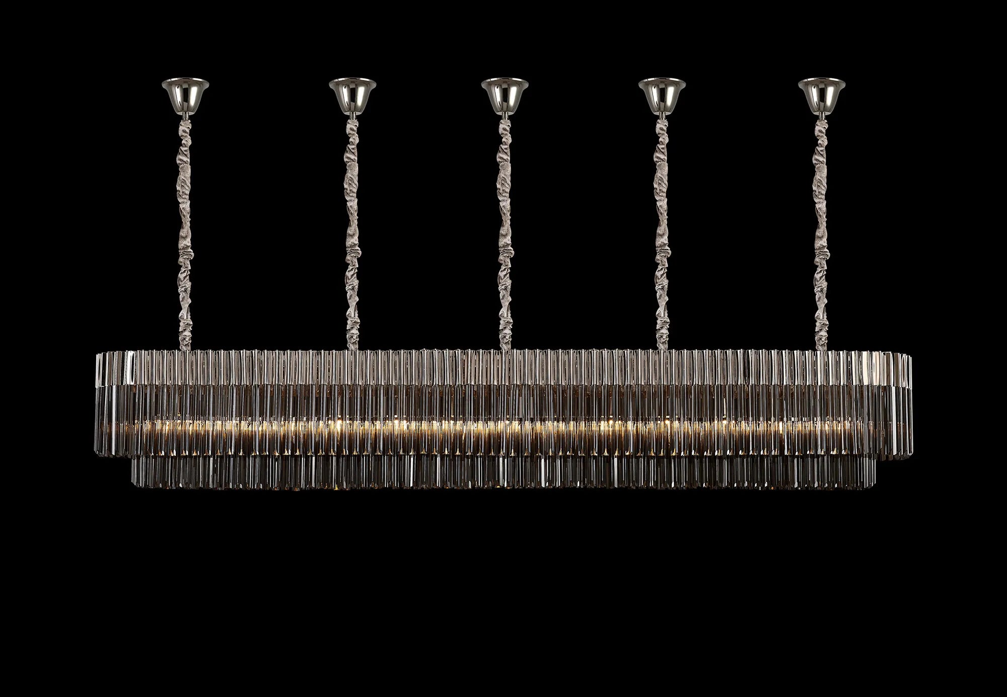 Cedar 250 x 40cm Linear Pendant With Bell Cup 13 Light - Polished Nickel & Smoked Sculpted Glass