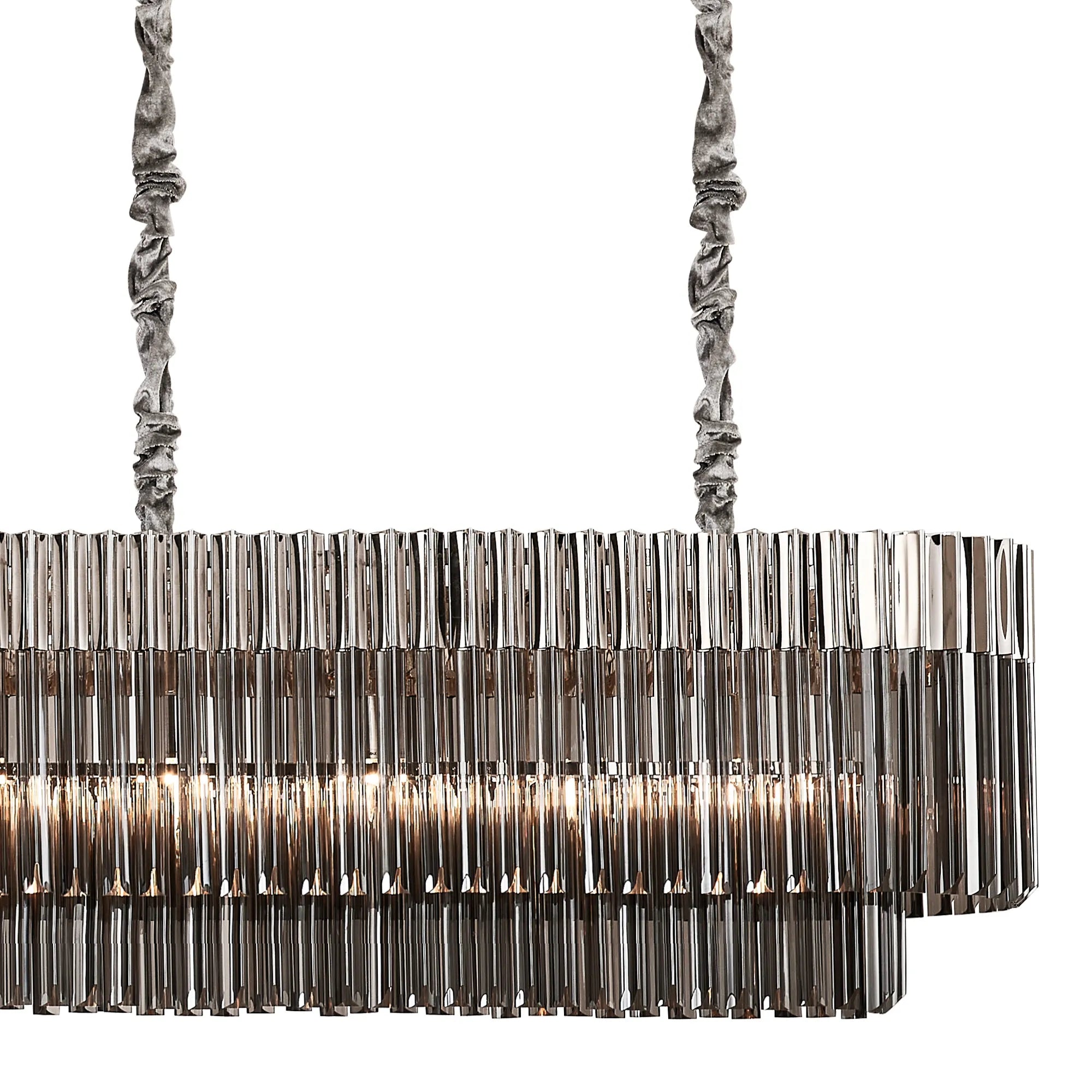 Cedar 250 x 40cm Linear Pendant With Bell Cup 13 Light - Polished Nickel & Smoked Sculpted Glass