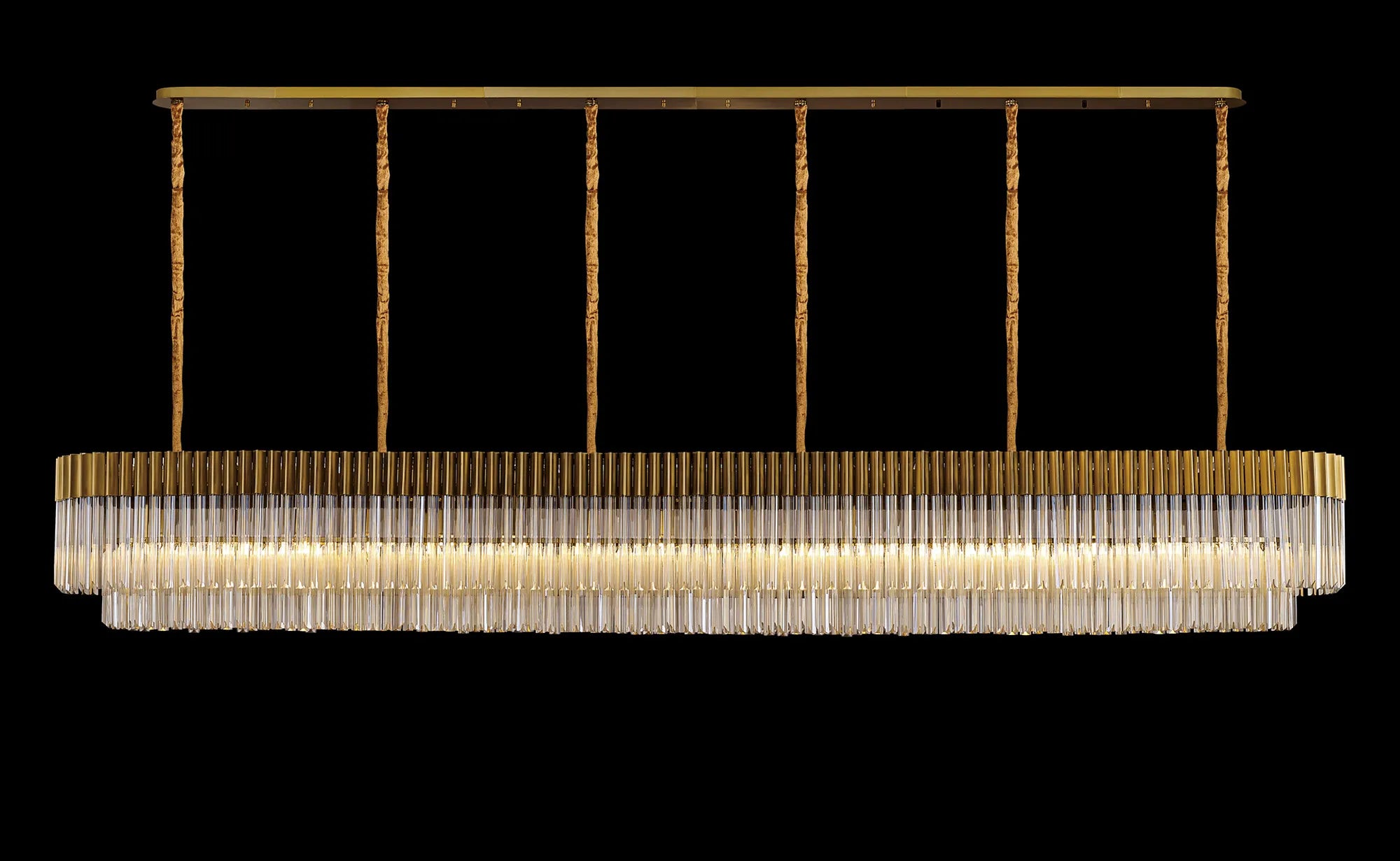 Cedar 300 x 40cm Linear Pendant 16 Light - Brass & Cognac Sculpted Glass