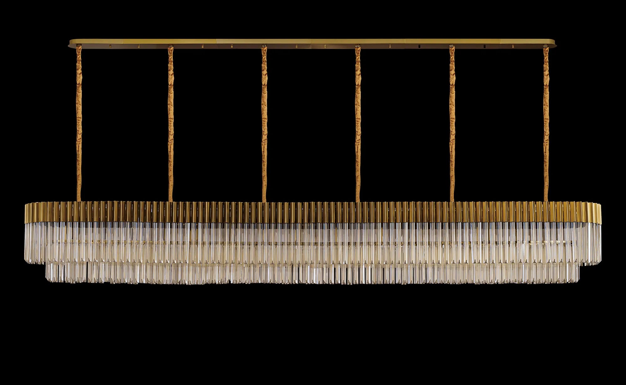 Cedar 300 x 40cm Linear Pendant 16 Light - Brass & Cognac Sculpted Glass