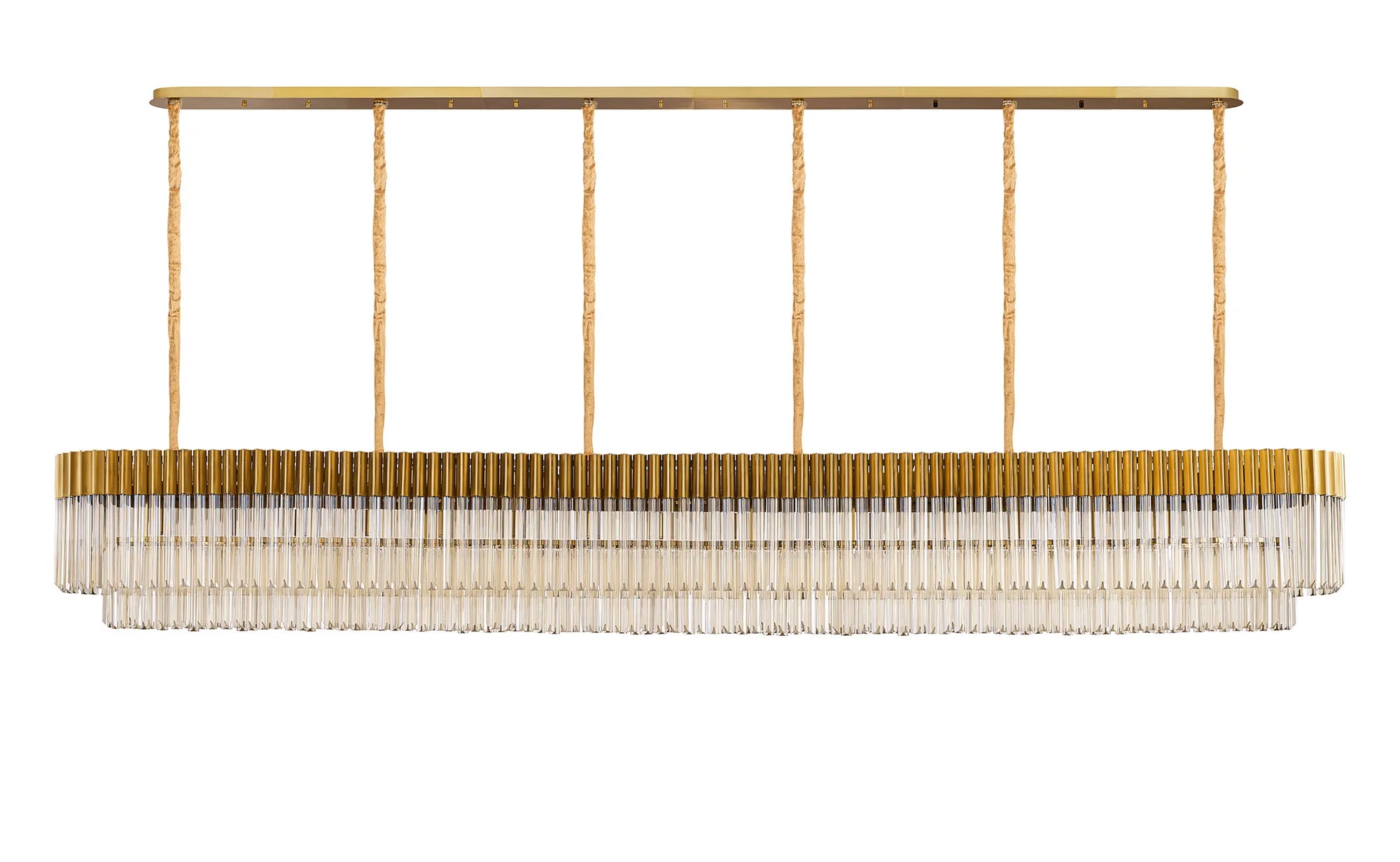 Cedar 300 x 40cm Linear Pendant 16 Light - Brass & Cognac Sculpted Glass
