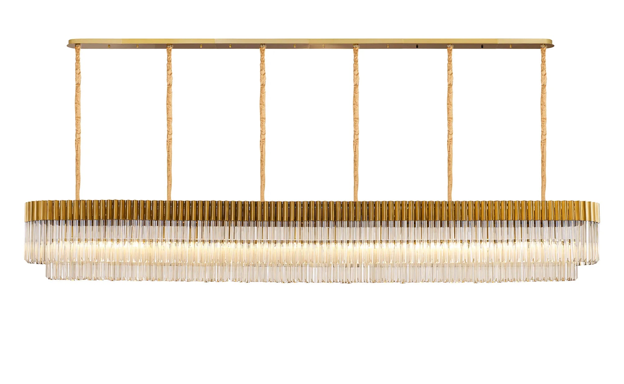 Cedar 300 x 40cm Linear Pendant 16 Light - Brass & Cognac Sculpted Glass