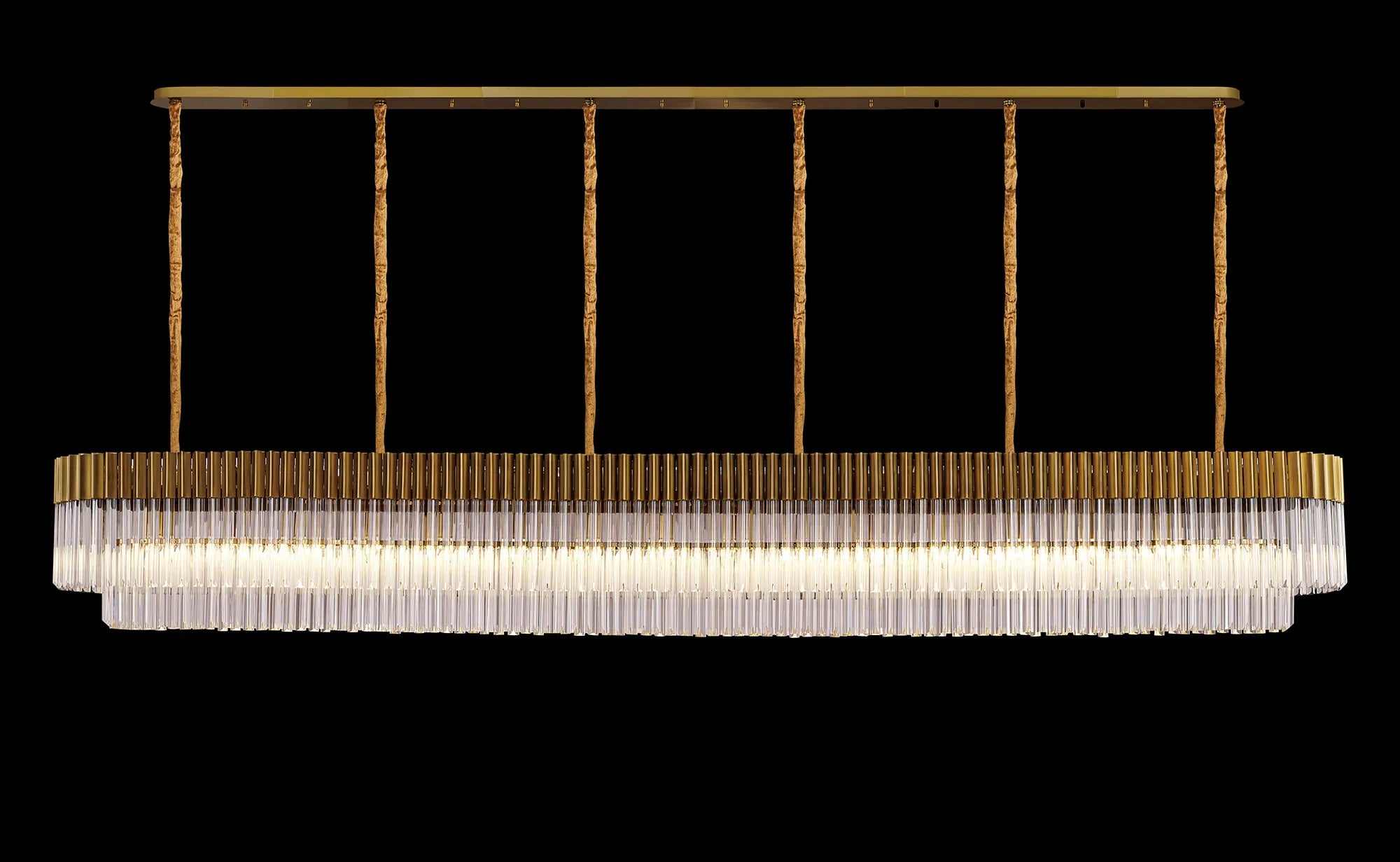 Cedar 300 x 40cm Linear Pendant 16 Light - Brass & Clear Sculpted Glass