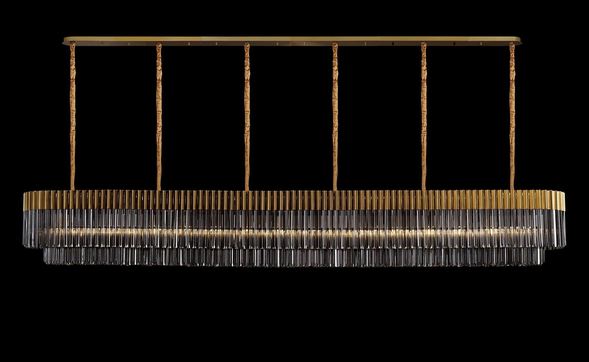 Cedar 300 x 40cm Linear Pendant 16 Light - Brass & Smoked Sculpted Glass