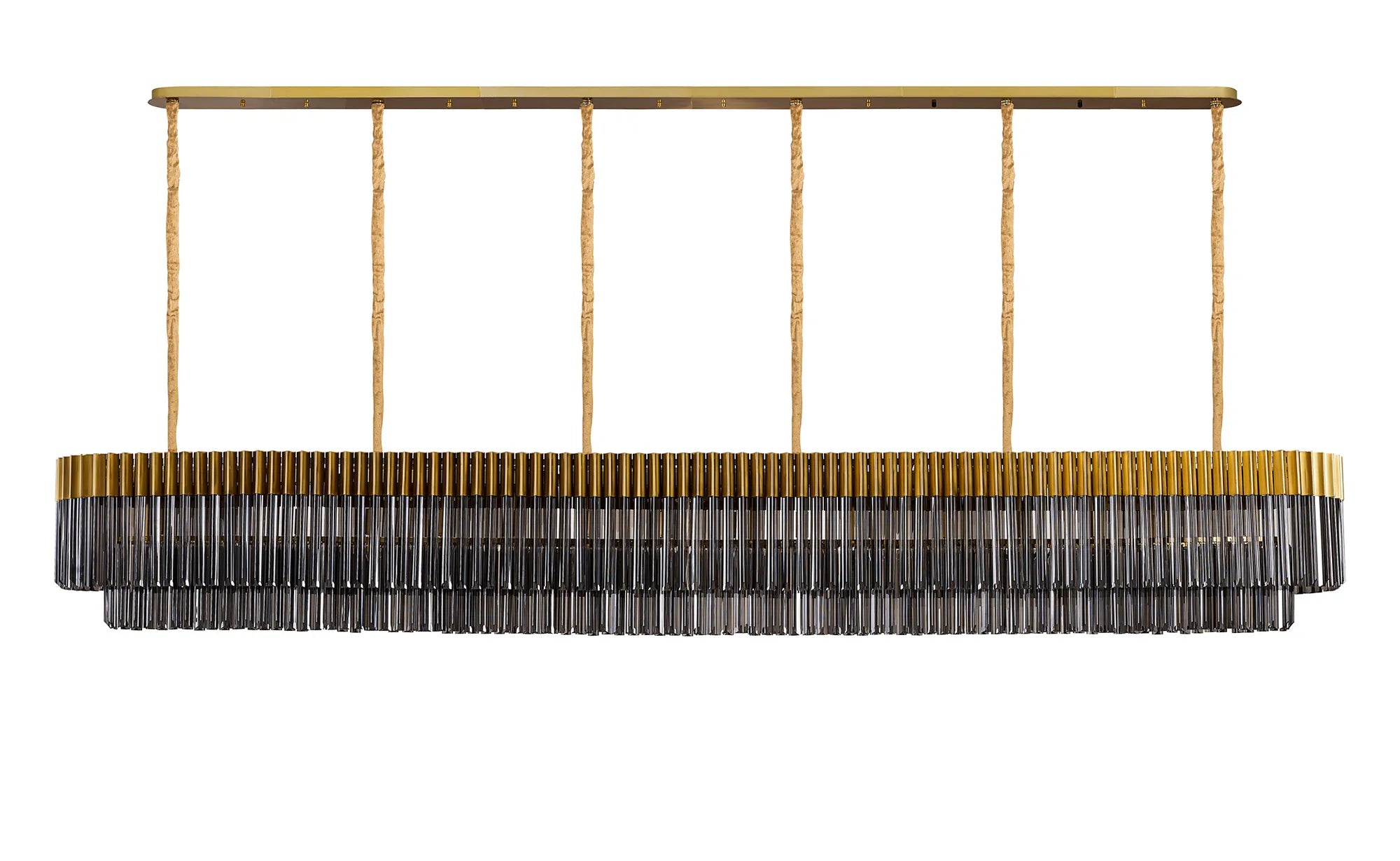 Cedar 300 x 40cm Linear Pendant 16 Light - Brass & Smoked Sculpted Glass