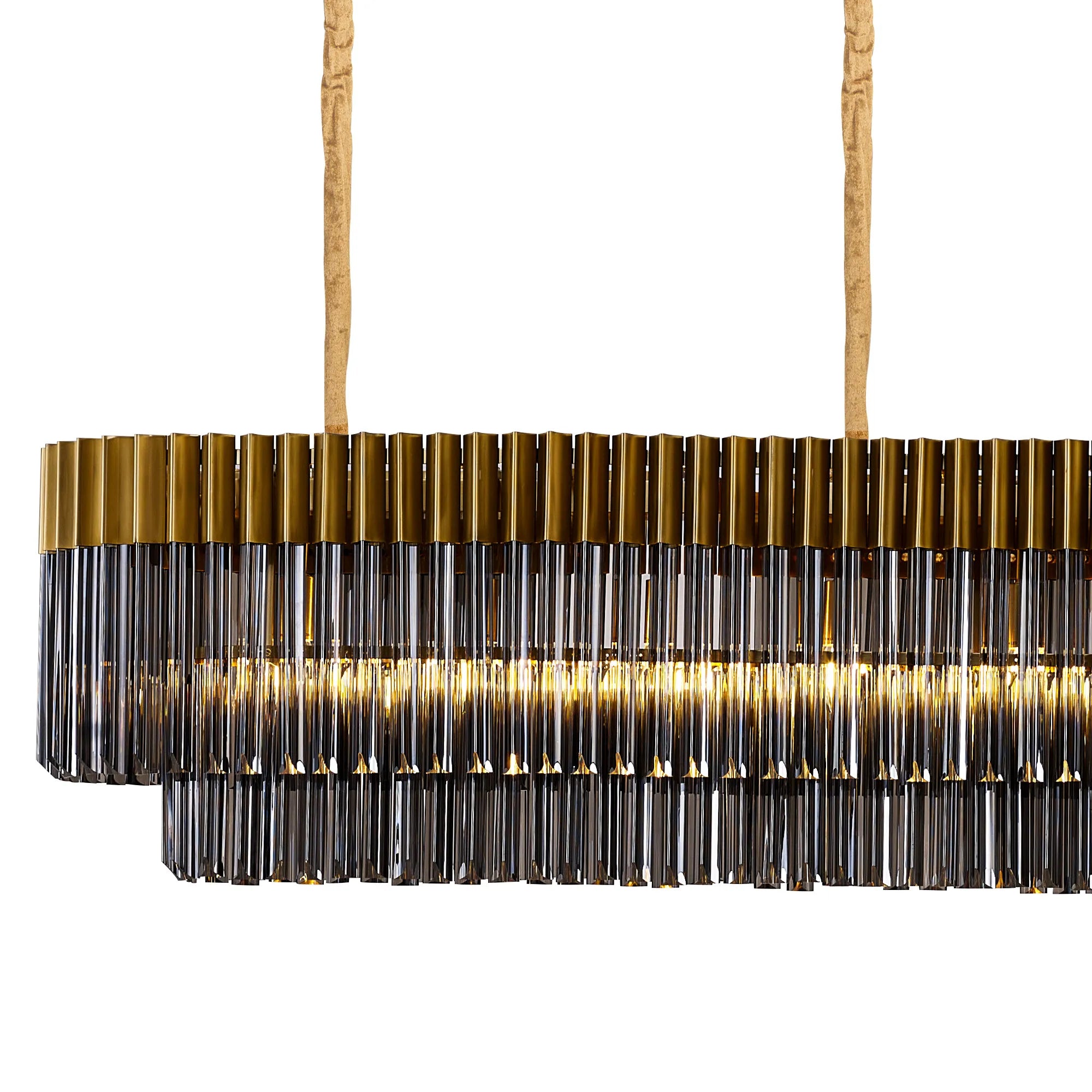 Cedar 300 x 40cm Linear Pendant 16 Light - Brass & Smoked Sculpted Glass